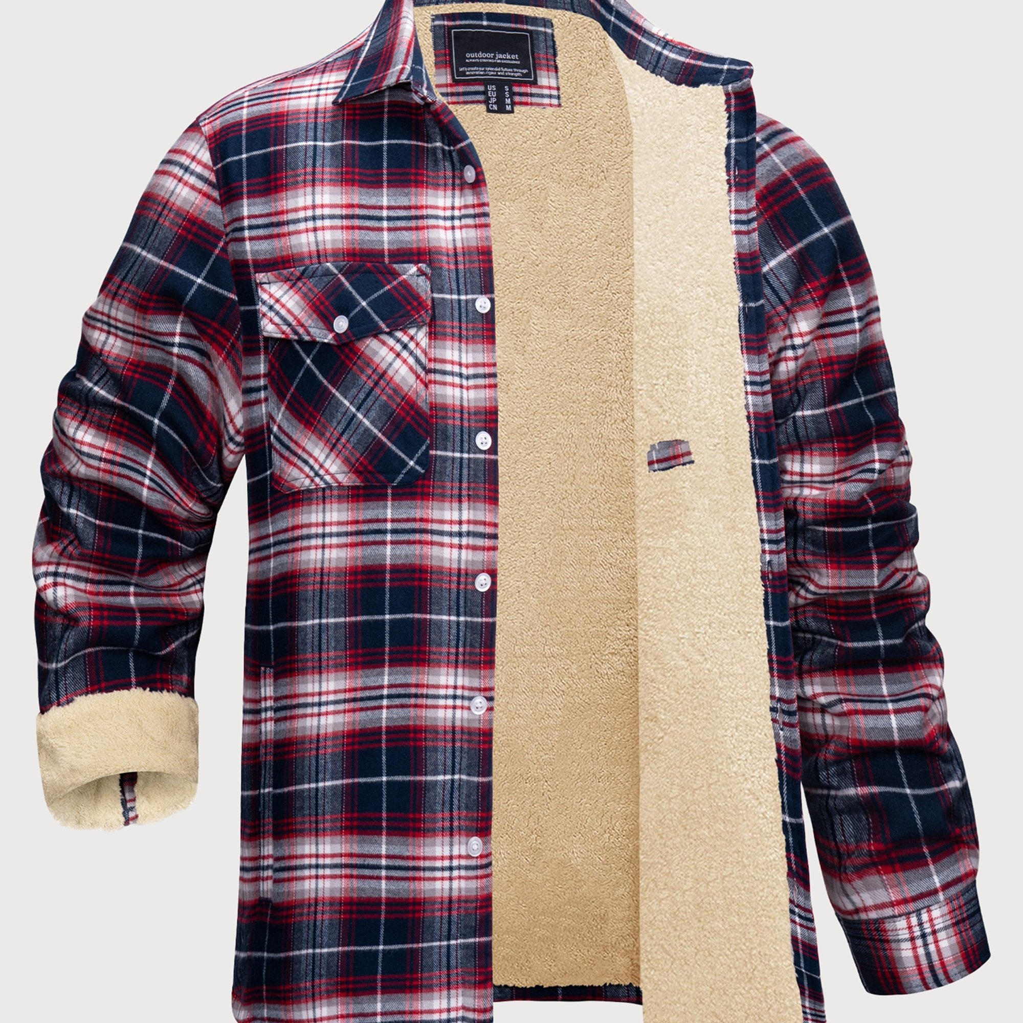 Image of Men' Lined Flannel Jacket - Thick Warm Winter With Button Collar & 5-pocket Plaid Workwear Shell Suitable For Hiking, Fishing, Camping, Cycling, Outdoor Gear - Machine Washable Cotton Retro Style