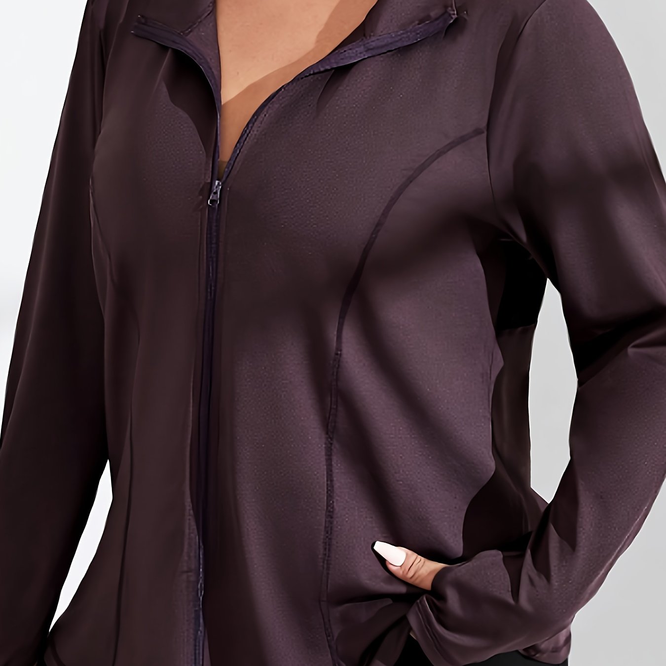 TEMU Plus Size, Plus Size Women's Elegant Contrast Color-block Jacket - Stretchy & Mesh Back, Front Zipper Closure, Machine Washable Fall Winter