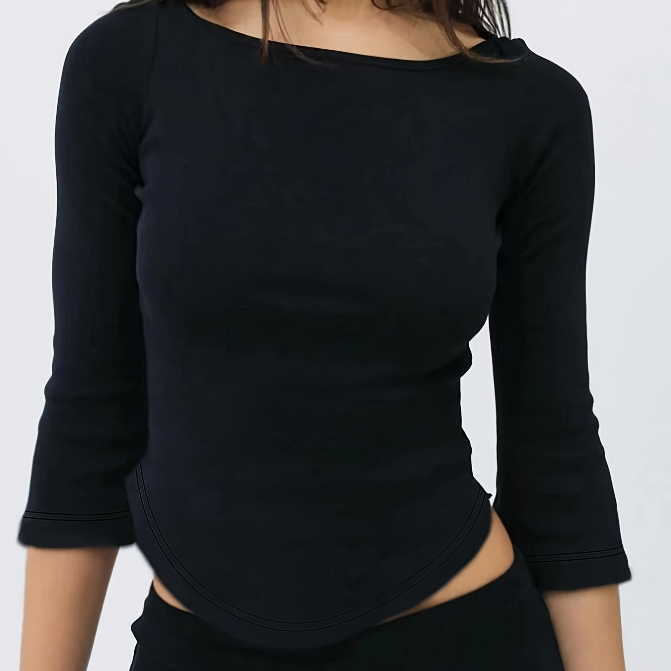 TEMU Slim-fit -eighth Sleeve Top With Simple Crew Neck, Soft Rolled Shoulders, And Slightly Flared Cuffs Featuring Delicate Scalloped Lace Trim. The