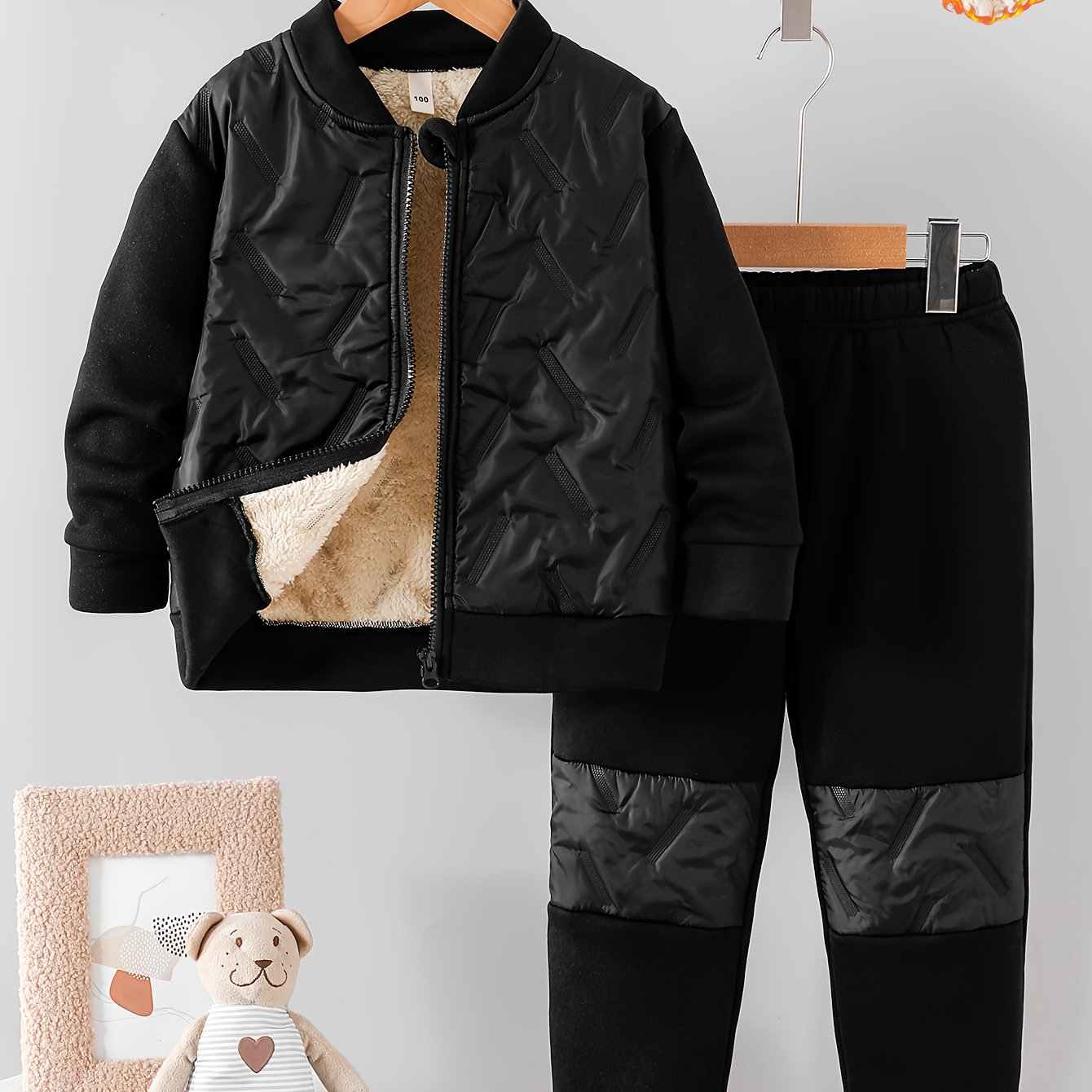 Image of Boys' Autumn/winter -lined Thickened Set, Simple Zippered Warm Top And Versatile Comfortable Casual Outdoor Sports Long Pants, 2-piece Set, Suitable As A Gift , Perfect For Outdoor