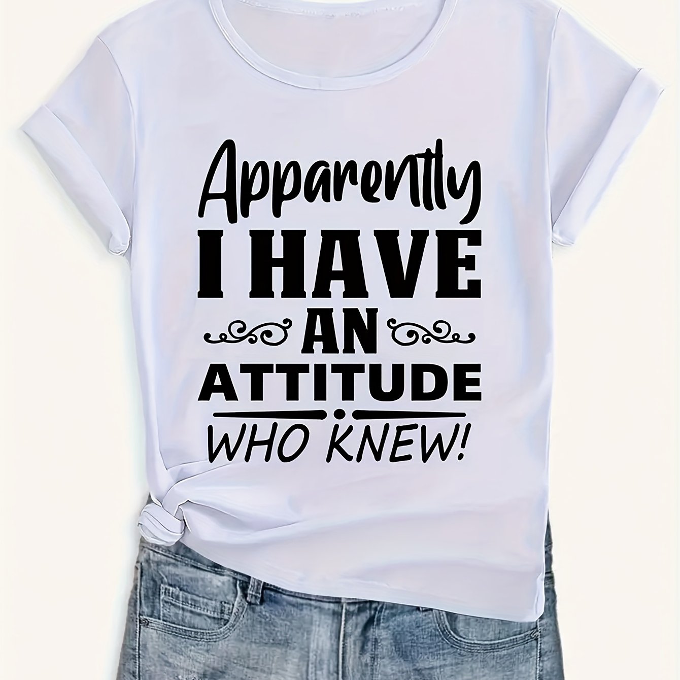 TEMU Women's Casual " I Have " T-shirt, Summer Short Sleeve Crew Neck Top, Comfortable Loose Fit, Geometric Pattern, Polyester 95% Elastane 5%,