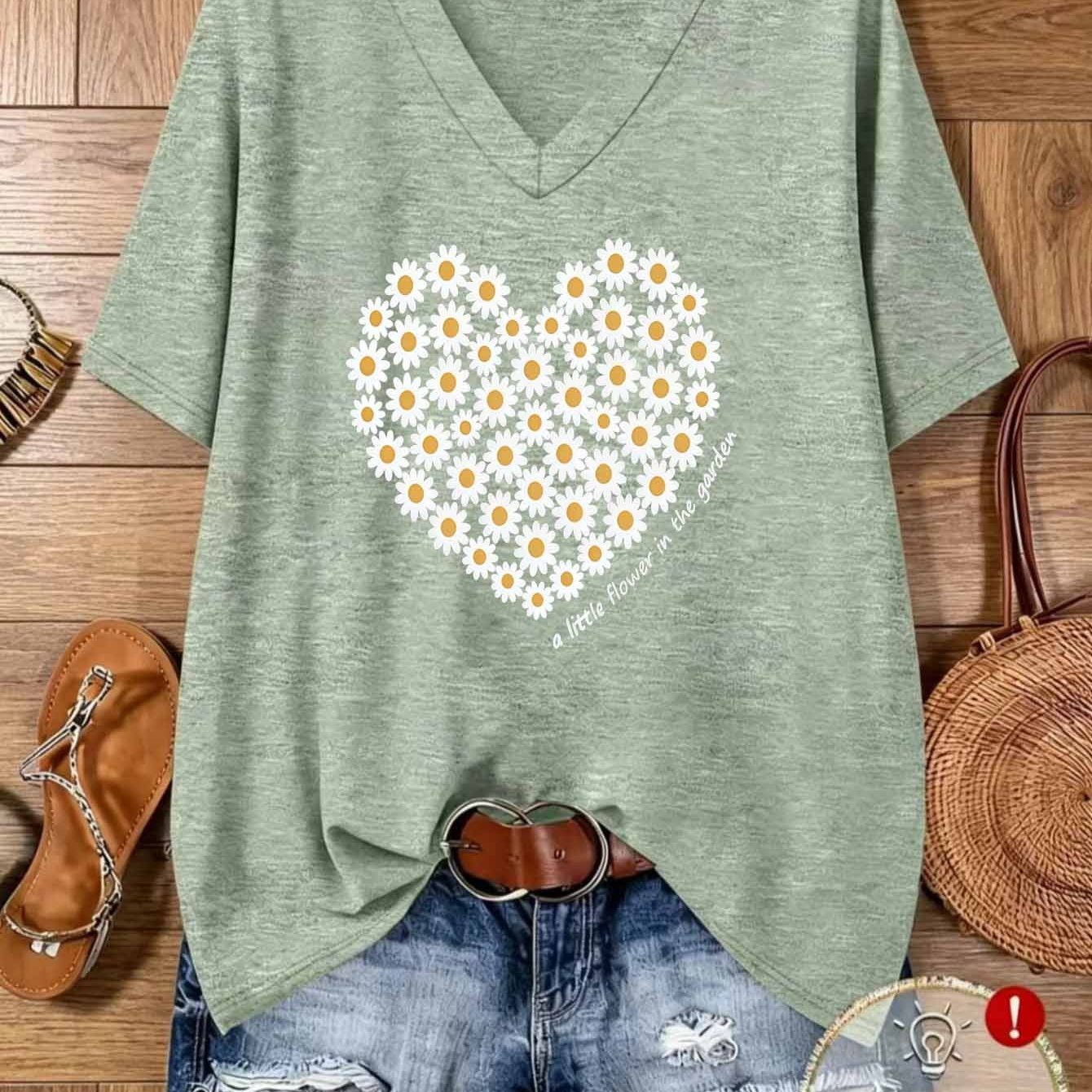 TEMU Plus Size Women's Summer Casual Sportswear, Loose Fit V-neck Short Sleeve T-shirt With Floral And Heart Print, Skin-friendly And Breathable,
