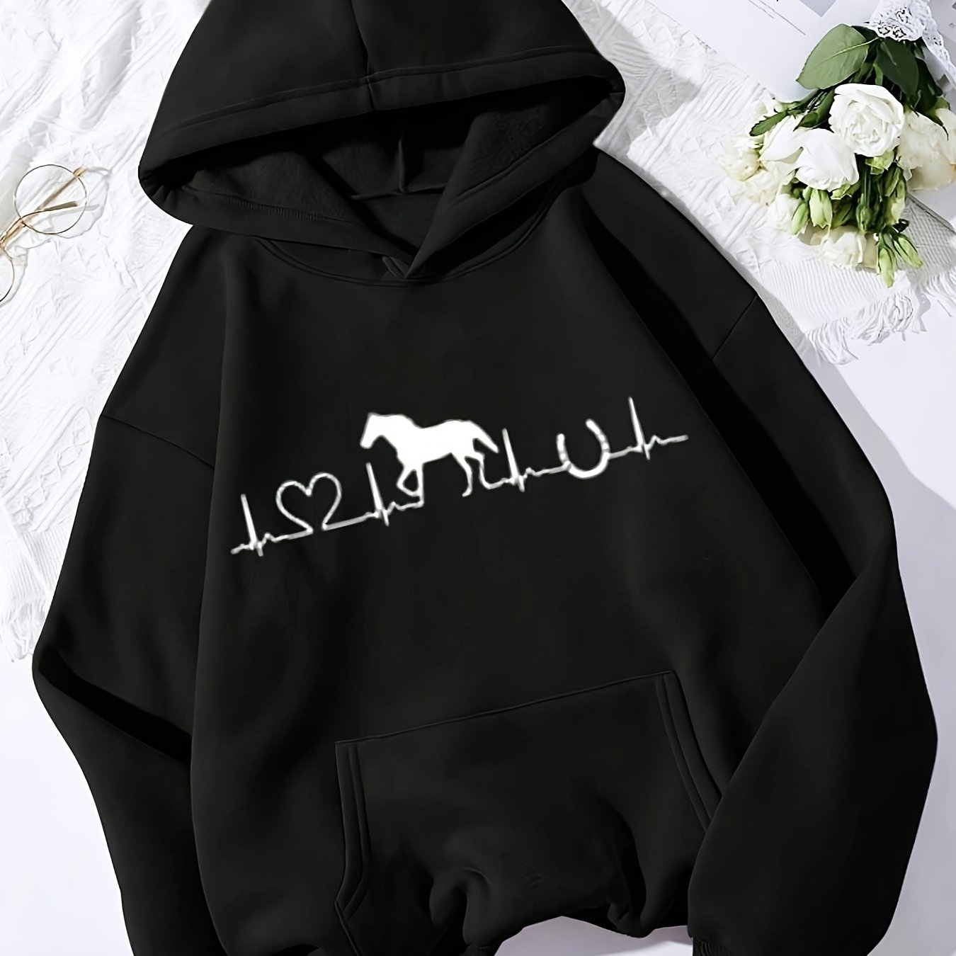TEMU Sweat à capuche à imprimé cheval, sweat-shirt à capuche à manches longues décontracté, vêtements pour femmes