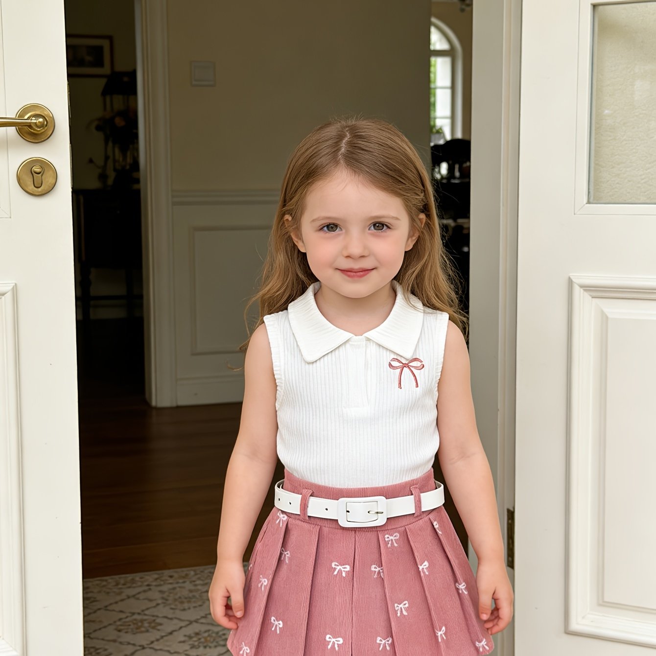 TEMU Girl's Collared Knit Tank Top + Bow Corduroy Skirt + Belt 3pcs Set - Sweet Preppy Style, Exquisite Bow Embroidery, Comfortable Corduroy Fabric,
