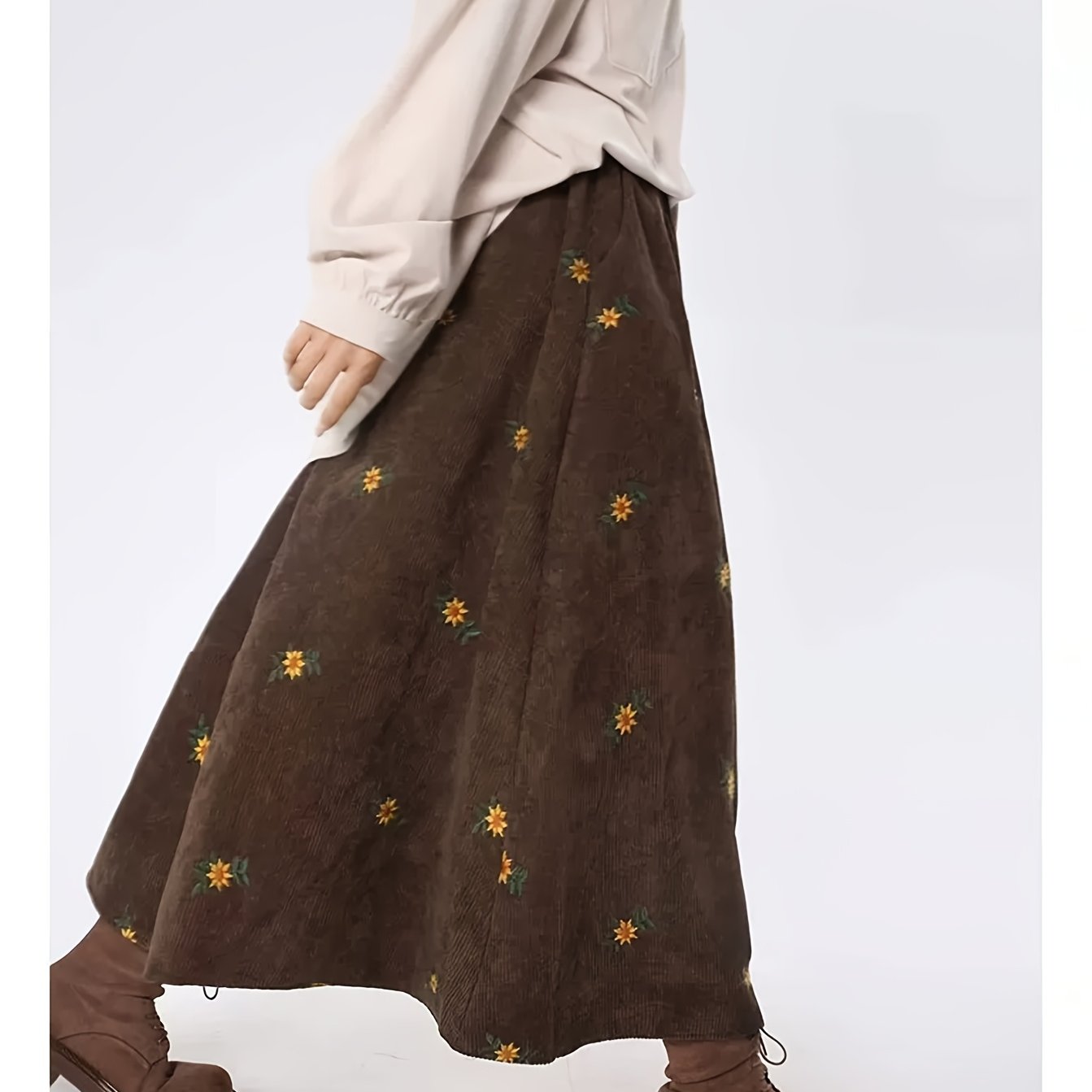 TEMU Gonna a lunghezza ricamata in velluto a retr簷 giapponese color caff癡 da donna, gonna a ombrello inverno, gonna lunga a a vita e svasata