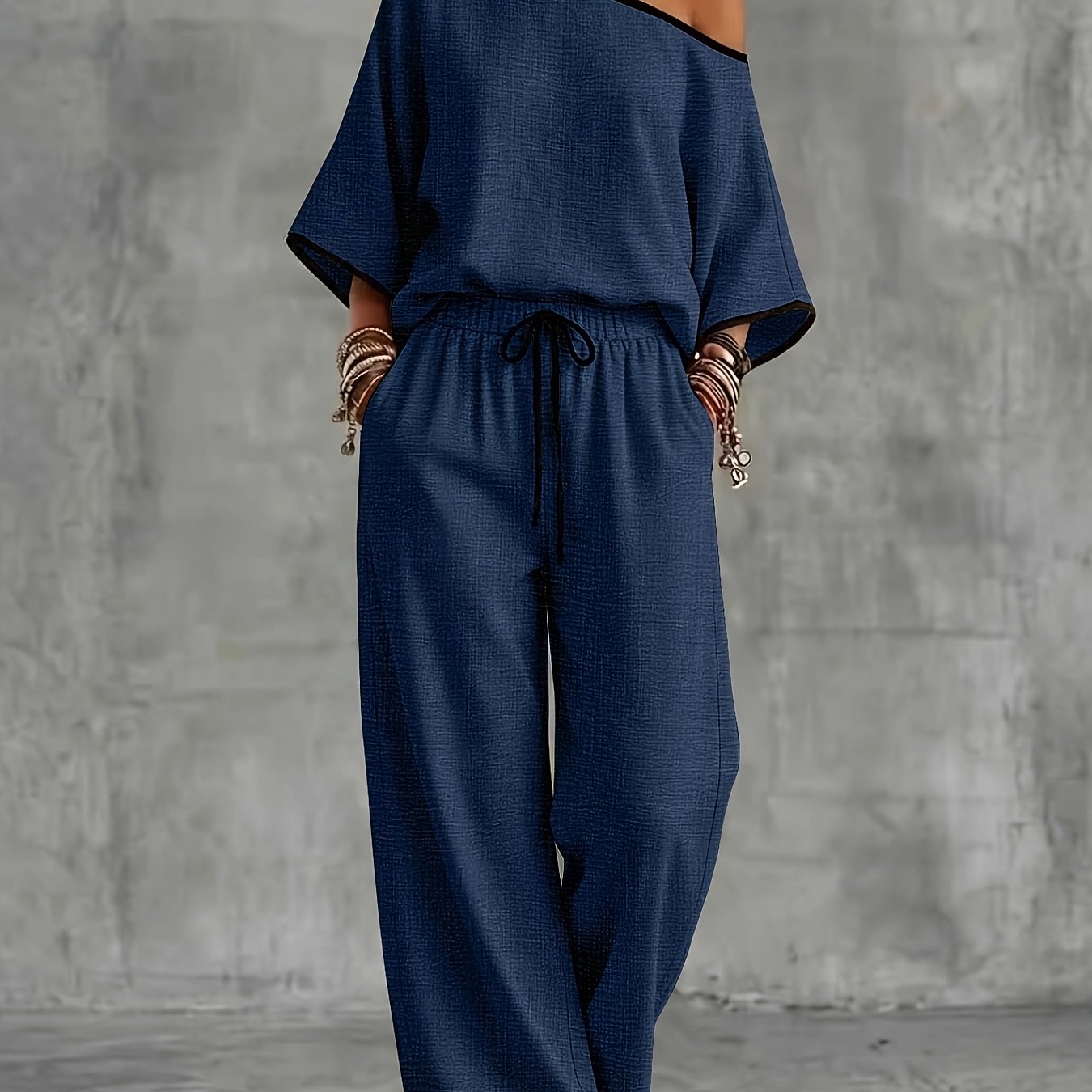 TEMU 2pcs Set, Elegant Commuting Style With Color-, Asymmetrical Shoulder Loose- With Straight-leg Pants Featuring Slant Pockets, Solid-color Women's