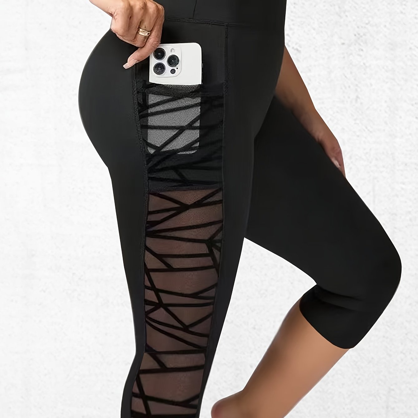 1pc Women's Plus Size Capri Pants, Mesh Yoga Pants, Running, Exercise, Cycling, High Waist, Side Pockets, Plus Size Tight Capri Pants