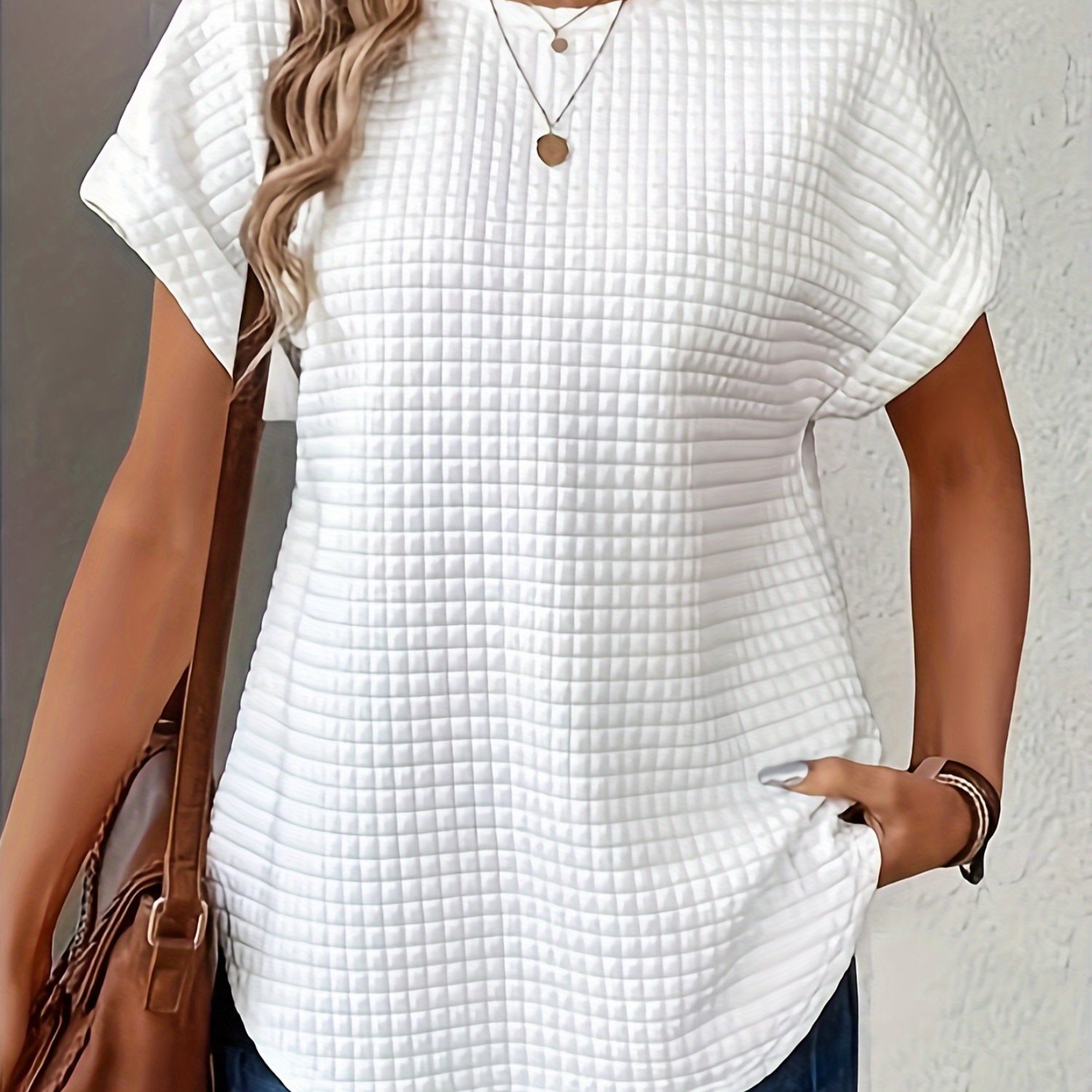 Solid Round Neck Batwing Sleeve T-shirt Top Loose Short Sleeve