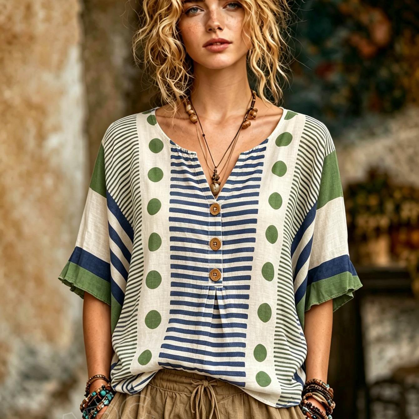 Women's Tops Women's Summer Apparel New Women's Summer V-neck Blouse With Stripes Dots Ethnic Shirt Suitable For Casual Daily Commutes Trips Machine Washable 2d Flat Print, 2d Flat