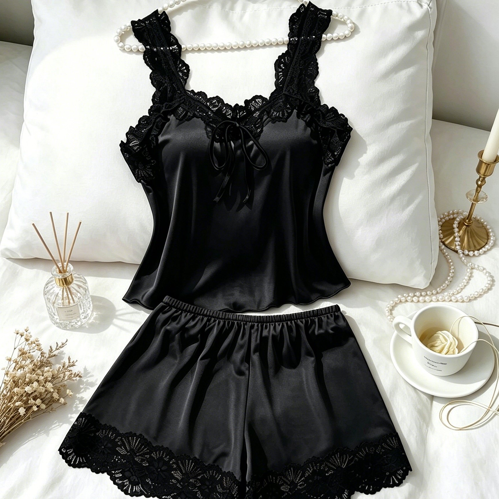 TEMU Women 2pcs Elegant Contrast Lace Trim Pajama Set, Sweet Bow Tie Sleeveless Cami Top & Loose Elastic Waist Shorts, Soft Comfy Romantic Loungewear