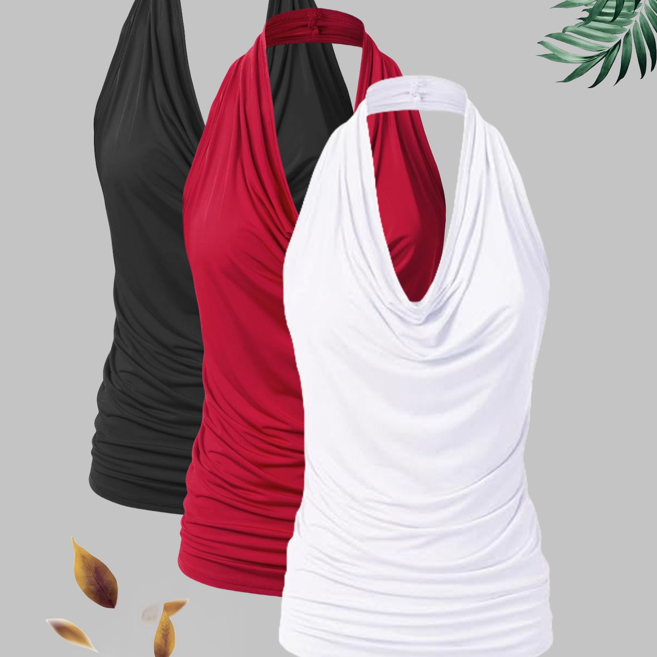 Plus Size - Plus Size - Women's Casual Solid Color Halter Plus Size Vest 3pcs Set