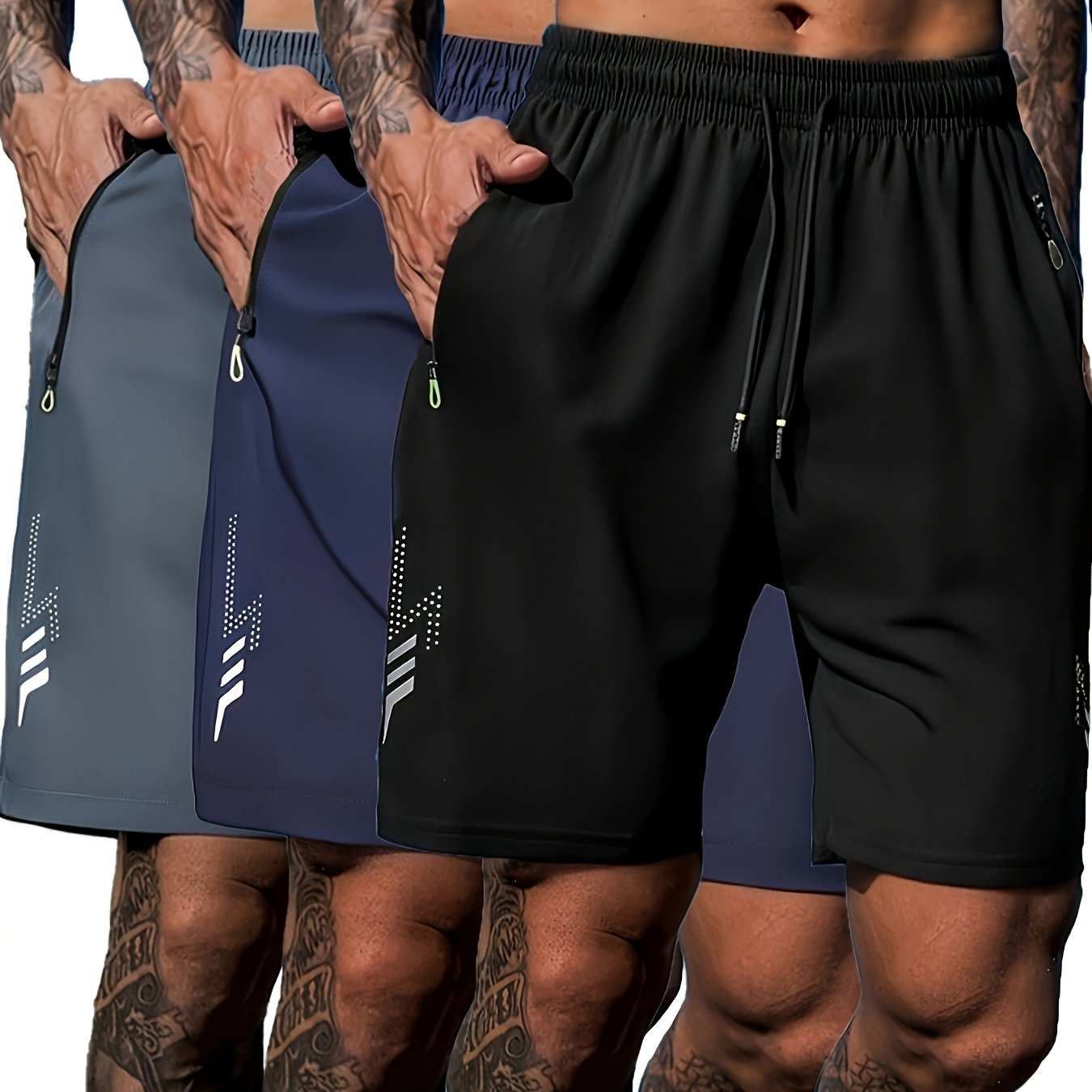 TEMU 3pcs Men's Quick-dry Athletic Shorts - Breathable Polyester, Summer Sports Gear With Pockets, Solid Color Casual Wear For Running, Golf, And