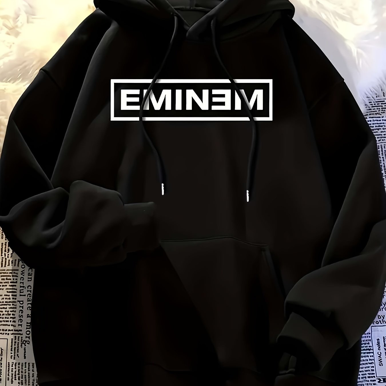 TEMU Thick Hooded Sweatshirt Prominent Print On Front Pocket Black And White Text Adjustable Hood With Drawstrings Long Sleeves Machine Washable