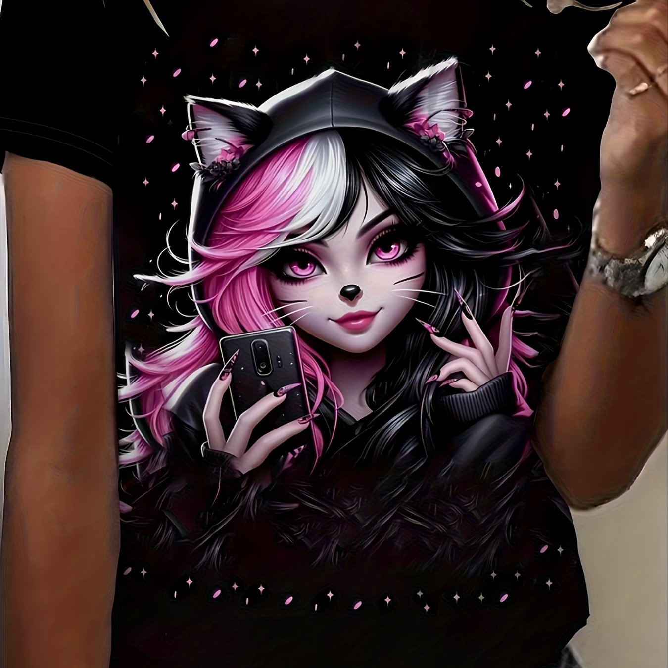 TEMU Short-sleeved Crew Neck T-shirt For Women Featuring A Graphic Of A Pink-haired Cat With Ears And Sparkling Stars. Made From Soft, Stretchy