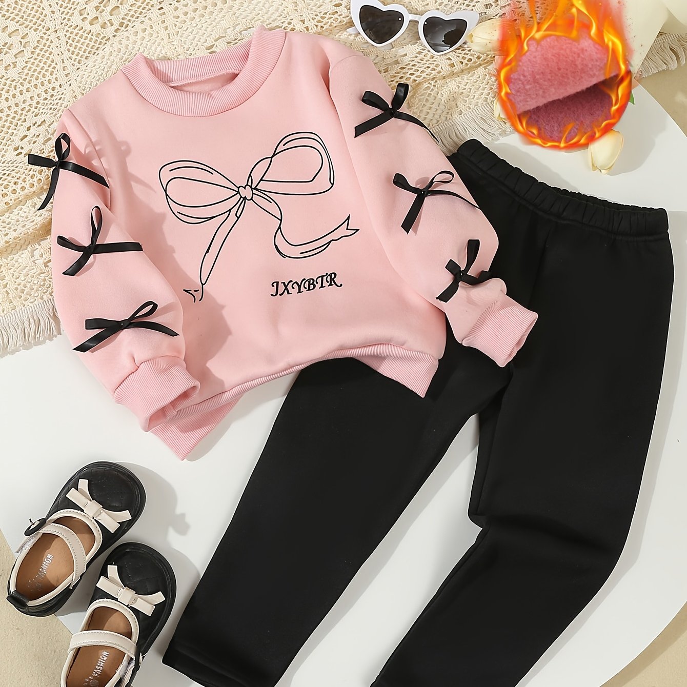 Image of Girls' Long Pants Set, Fashionable And Cute Bow Fleece Sweatshirt With , With Fitted Pants, Casual Daily Two-piece Outfit For Autumn Winter, For Outdoor, Christmas, Halloween