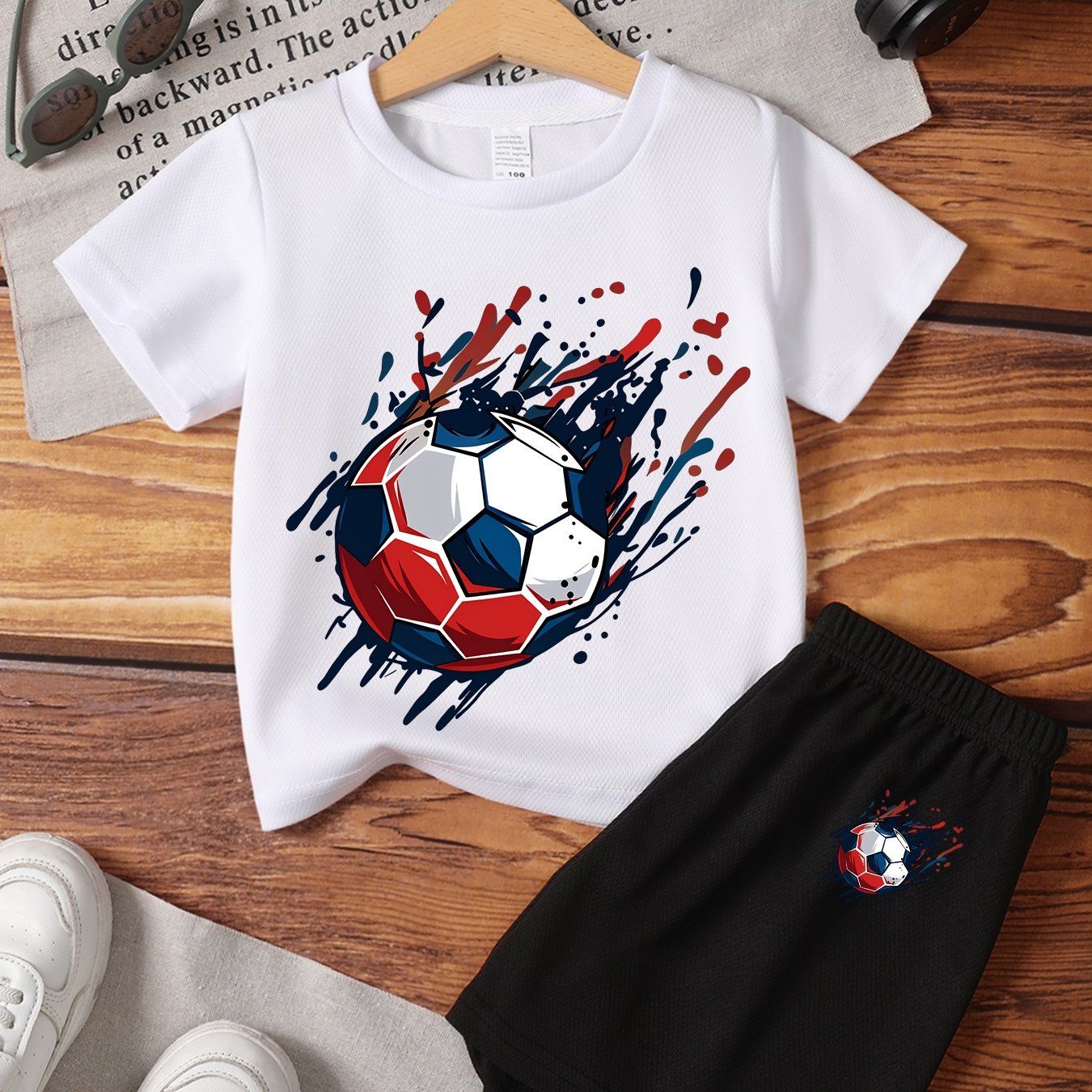 E-shop Neues Kinder-Jungen-Set mit Fußball-Motiv T-Shirt Shorts 2tlg., Frühling/Sommer Jungen-Trend O-Ausschnitt Kurzarm + Shorts mit elastischem Bund