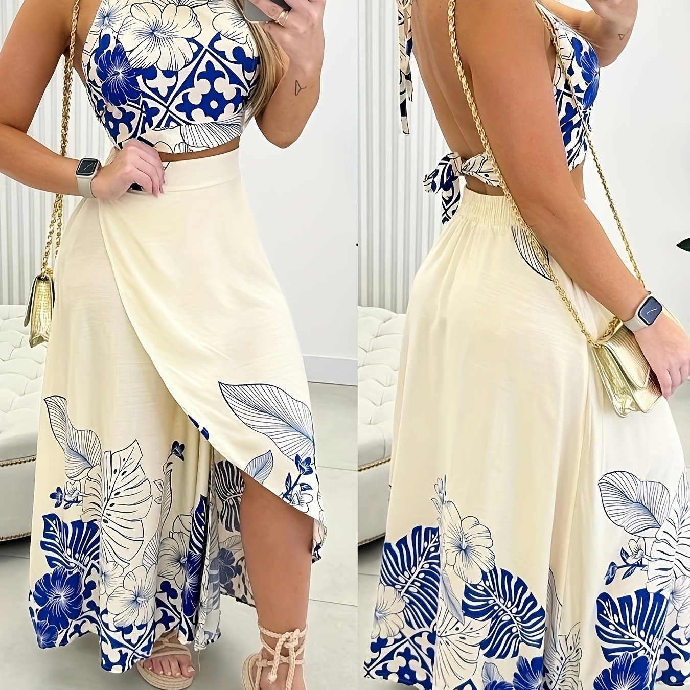 TEMU European And Women's New Summer Watercolor Tropical Skirt Set With Top, Halter Neck And Skirt 2pcs Set For Women