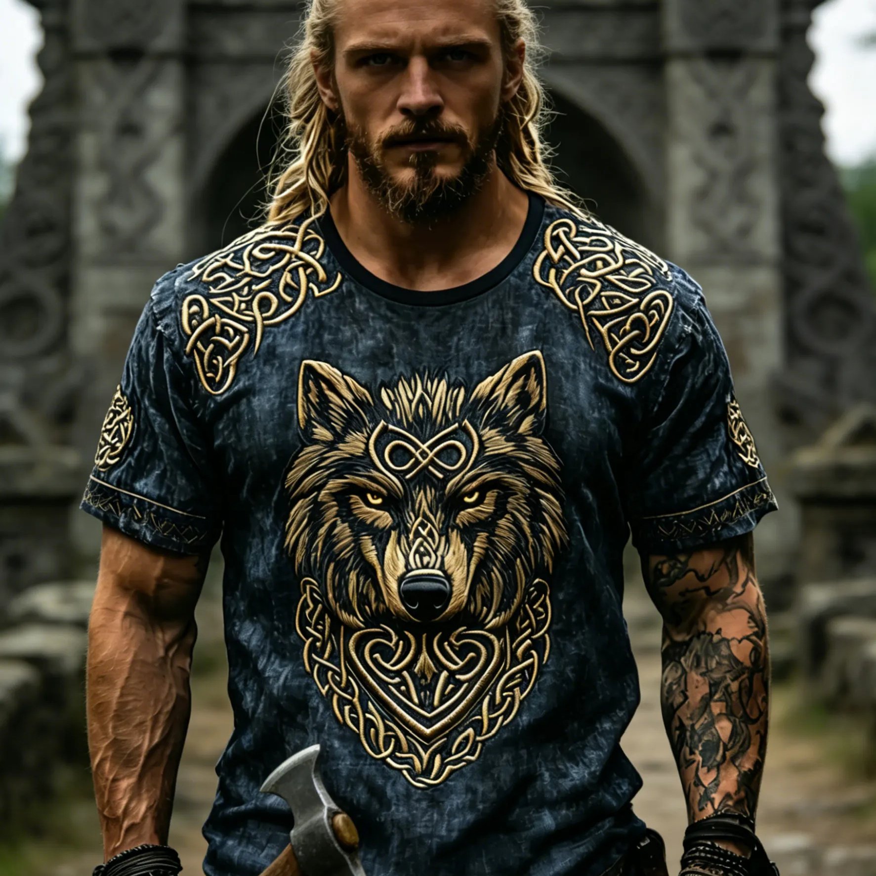 Image of Summer Men's Vintage Navy Short-sleeve T-shirt With Viking Wolf Head Print, Breathable And Comfortable, Suitable For Stylish Casual Daily Wear