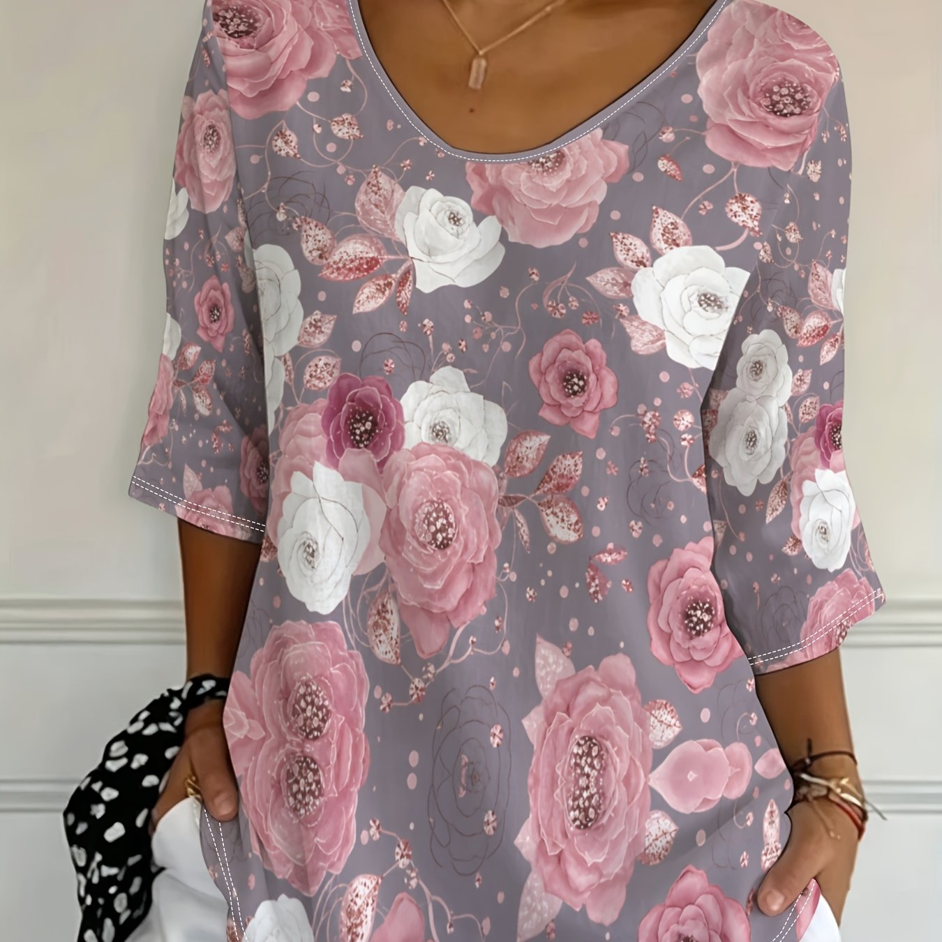 TEMU Plus Size, [ Esign-not Texture] Women's Elegant Floral Print Top, Casual Half-sleeve T-shirt, Spring 3/4 Sleeve Top, Elastic, Suitable For Daily