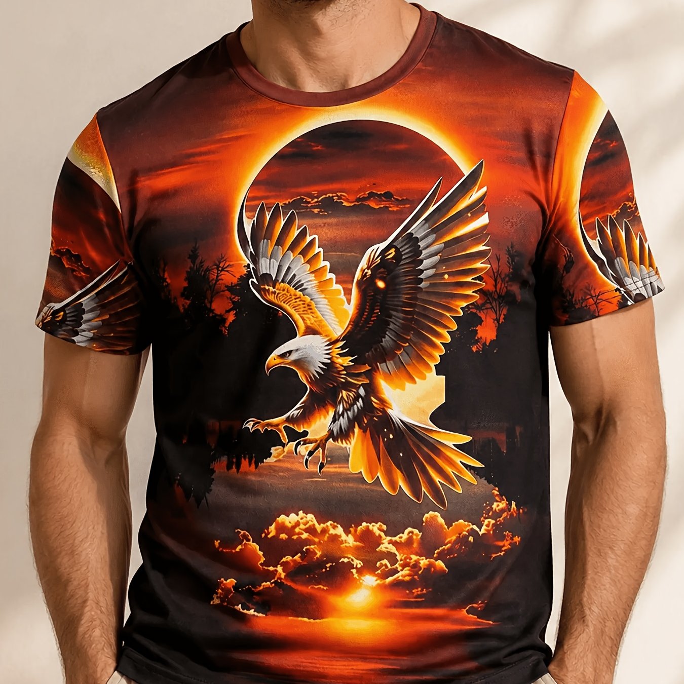 TEMU Men's Eagle Sunset All Crew Neck T-shirt, Casual Polyester Tee