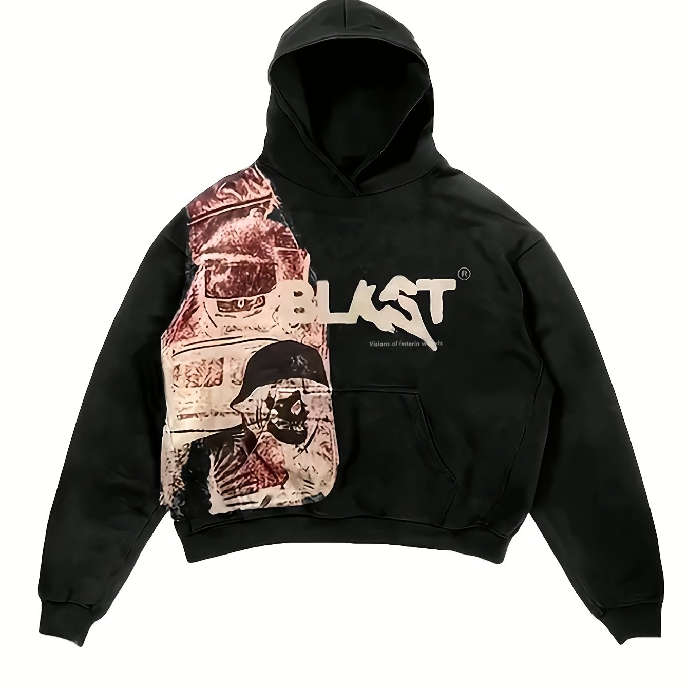 Women&#39;s Y2K Portrait Print Hoodie - Oversized Long Sleeve Black Sweatshirt with Pocket Detail, Casual Polyester Blend for Fall/Winter