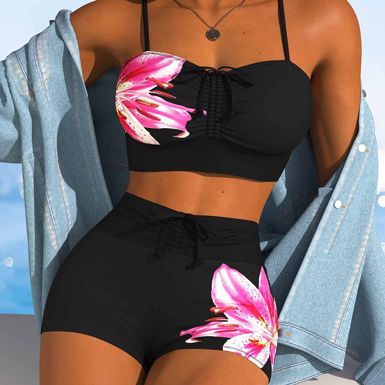 Image of 2pcs Elegant Black Beach Vacation Separated Boxer Briefs Stretch Swimwear With Drawstring And Adjustable Straps, Conservative Women's Bikini Set Swimsuit