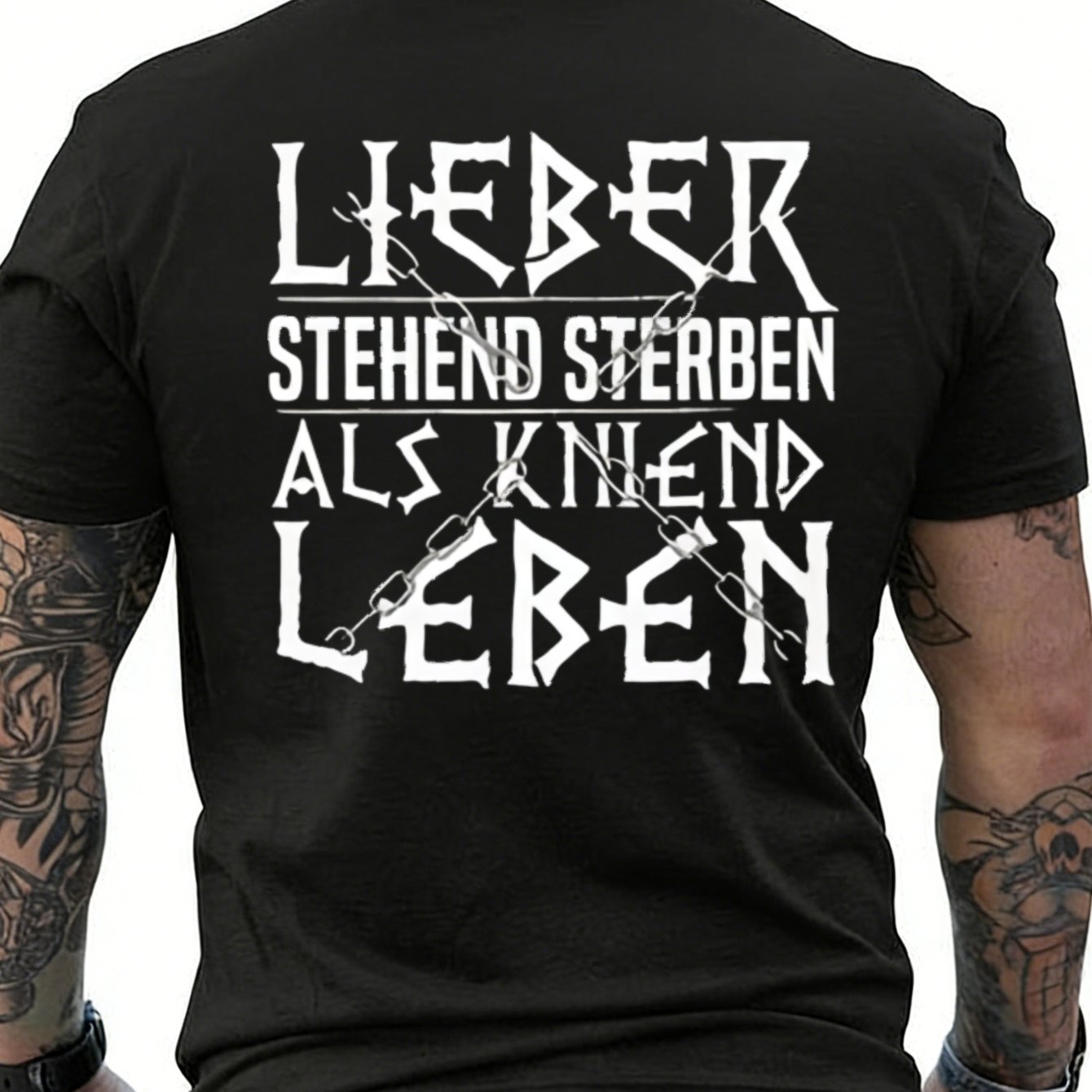 Black T Shirt With German Text And Chain Design For Men Streetwear Fashion, Plus Size