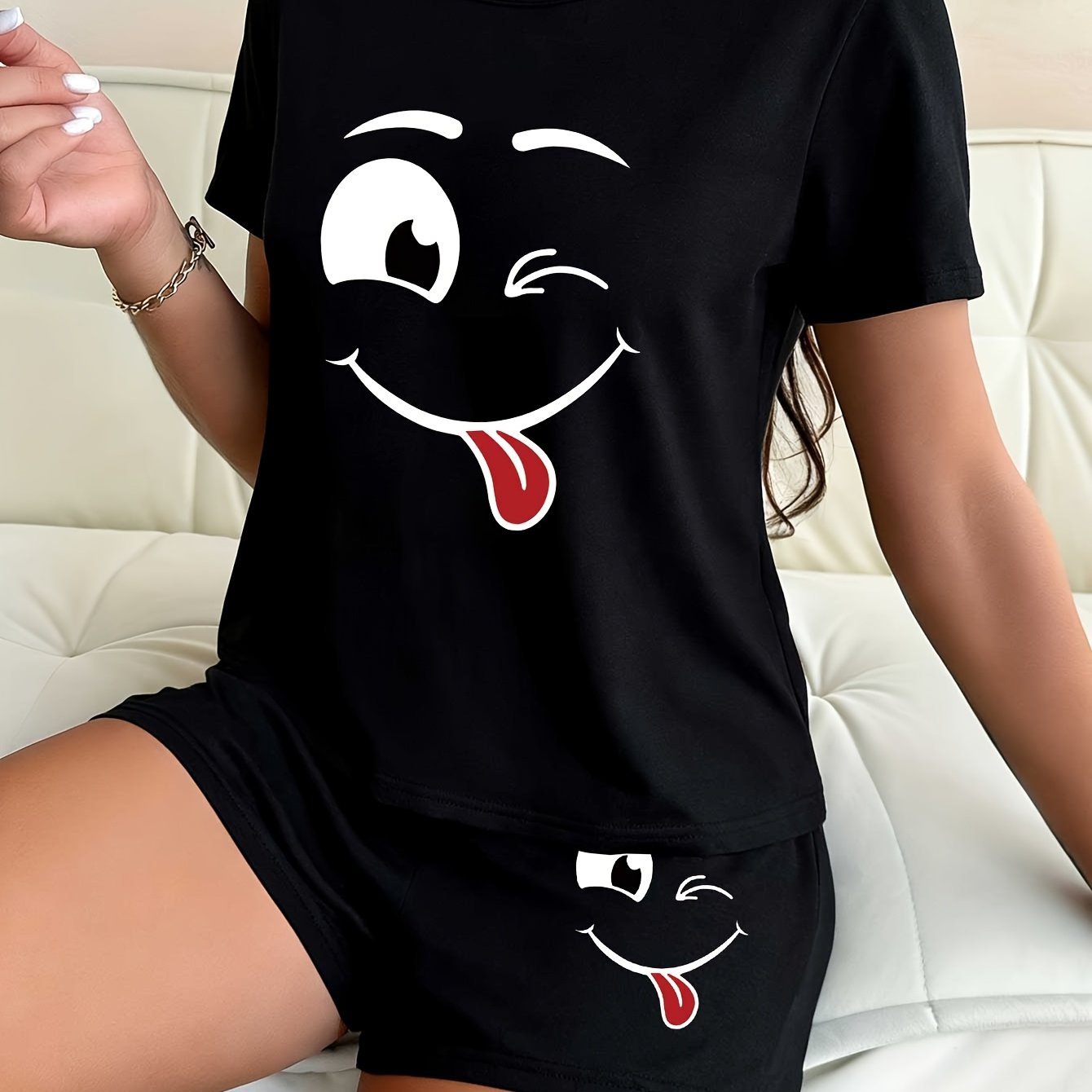 TEMU 2pcs Short-sleeved Shorts Women's Loungewear Set - Cute Cartoon Print Pattern, Short-sleeved Top, Shorts, Breathable And Comfortable, Bow