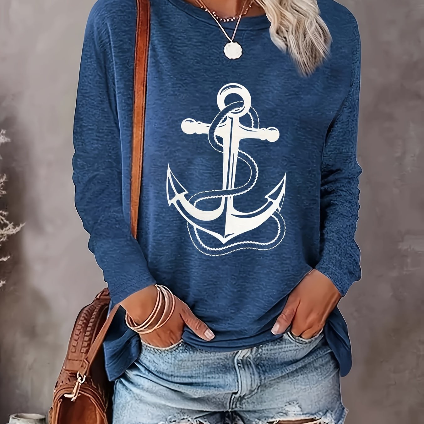 2024 Cross-border European And American Women's Round Neck Long Sleeve Loose Casual Top Layering T-shirt