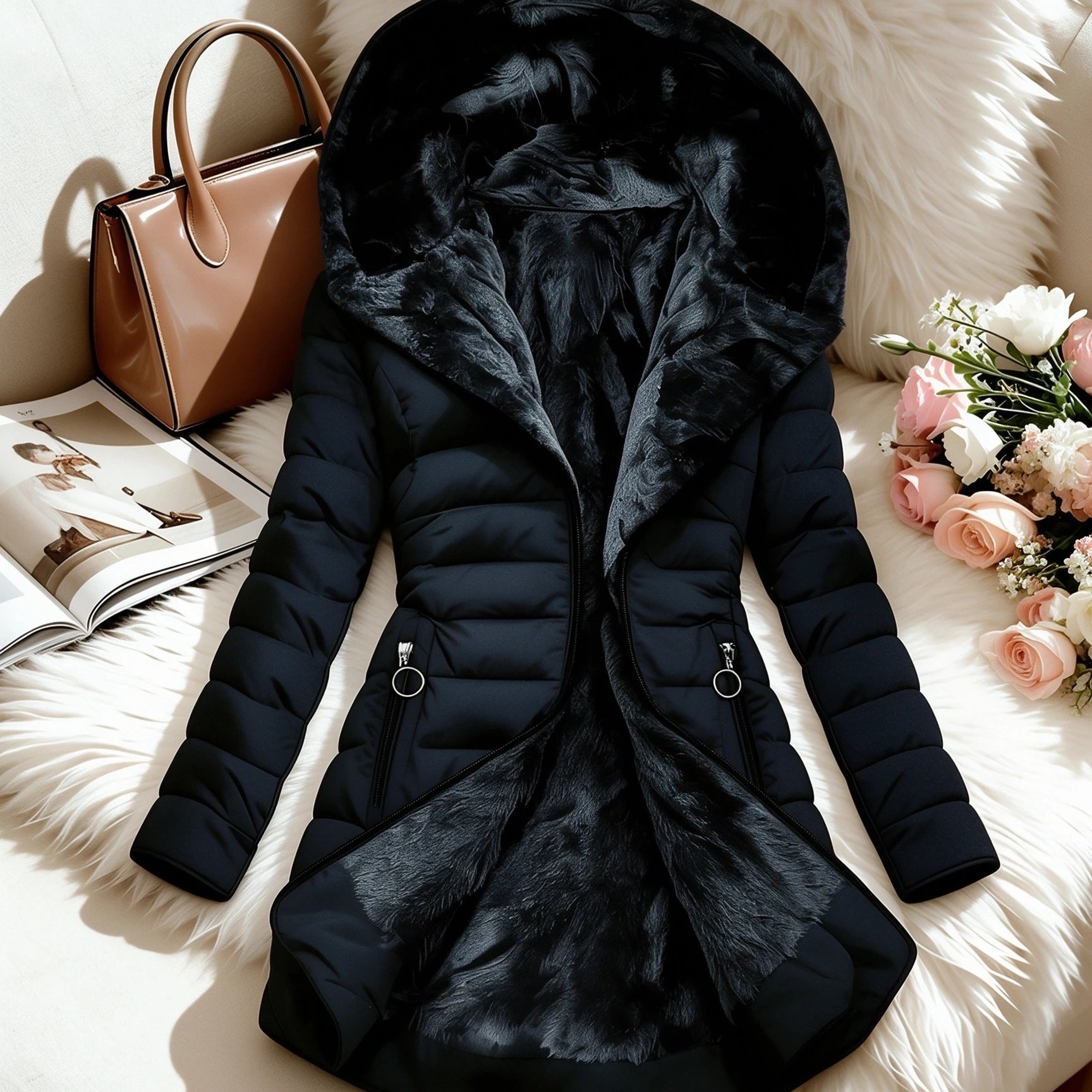 TEMU Abbigliamento invernale da donna, giacca con cappuccio foderata in pile e sui cuciture, lunghezza media con zip intera e maniche lunghe, tasche