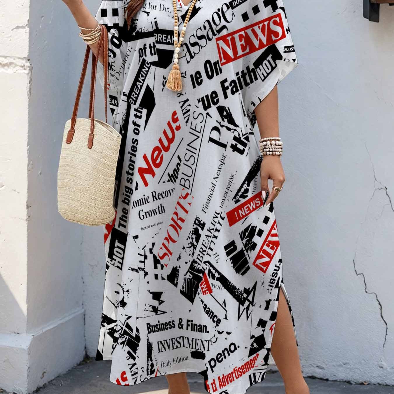 Image of Plus Size Women's 08xl Vintage Retro Style, Newspaper Print Maxi Dress, V-neck Batwing Sleeve Dress With Double Side Slits, Loose Casual Summer Dress For Curvy Women