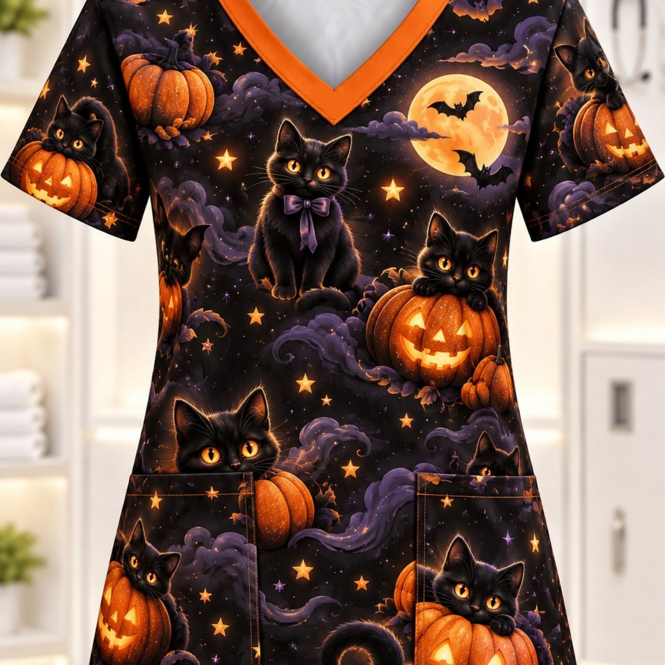 TEMU Women's V-neck Short Sleeve T-shirt Nurse Uniform, Halloween Black Cat Pumpkin Moon Print Scrub Top, Strong Festive Atmosphere, Comfortable