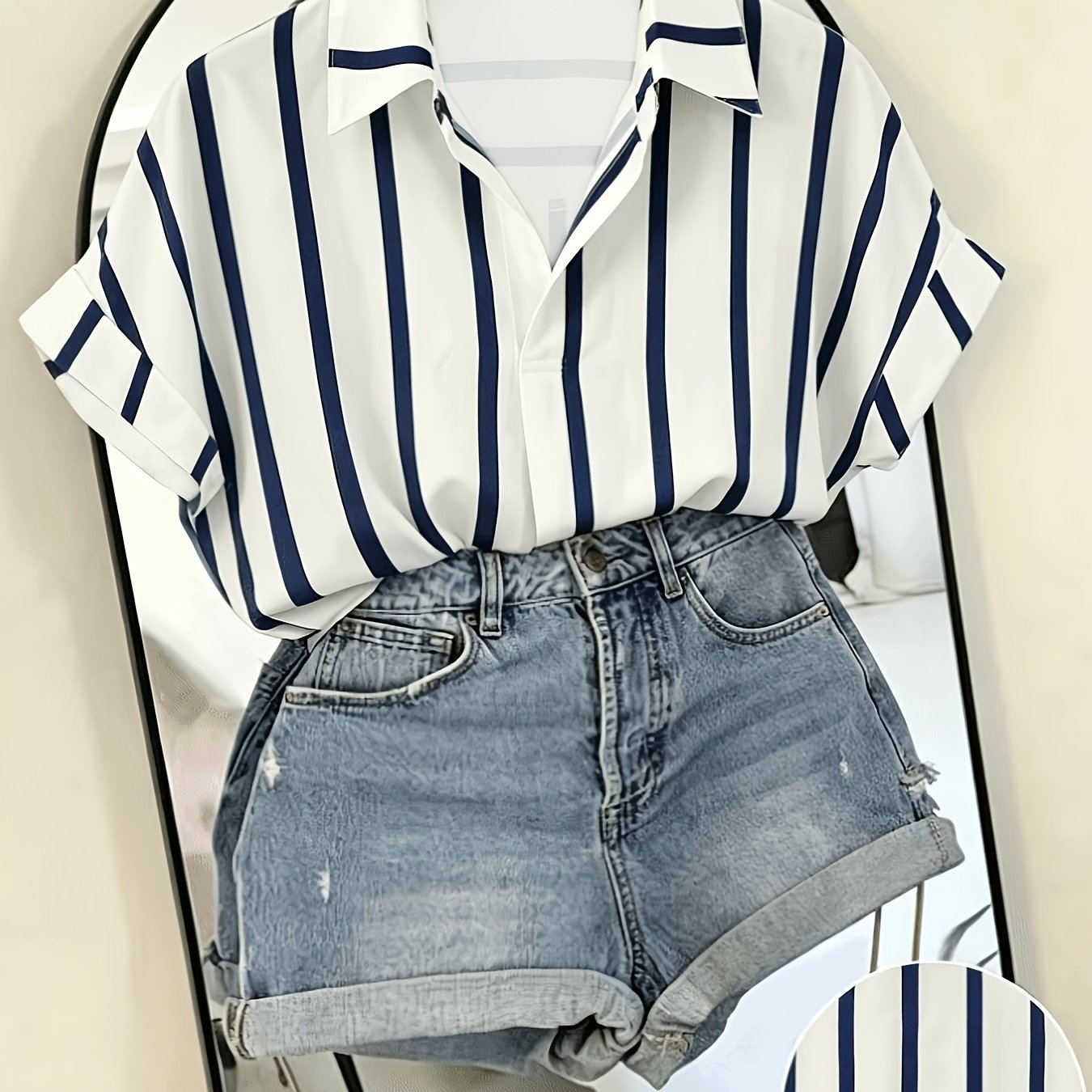 TEMU Women' Vertical Stripe Shirt, Summer Loose-fit Short-sleeve Lapel Versatile Top, Casual Lapel Blouse