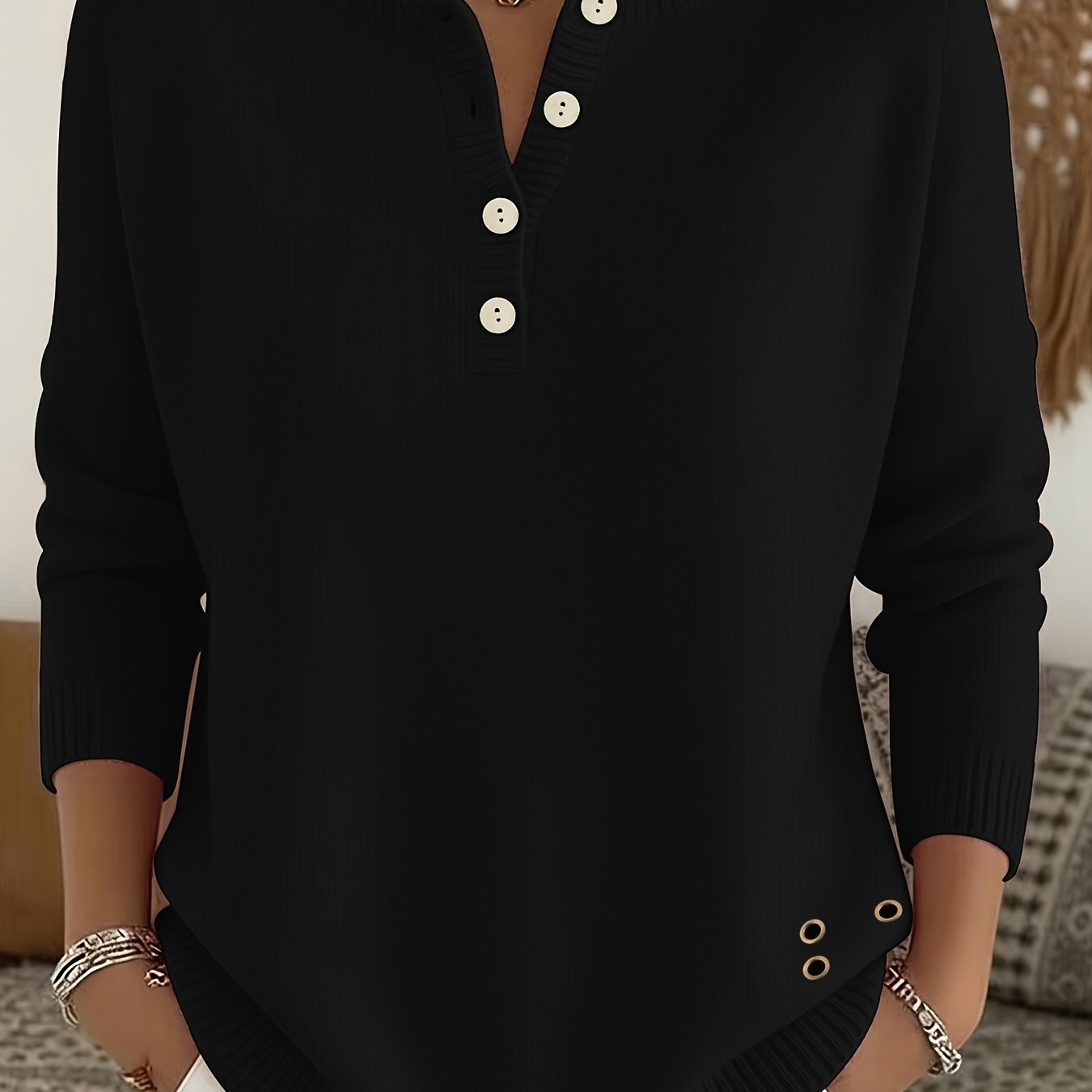 TEMU Printed Design - Not Textured Pattern, Textured Design Elastic Top With Button Design Women's Semi-open Neck Sweater -friendly Layer