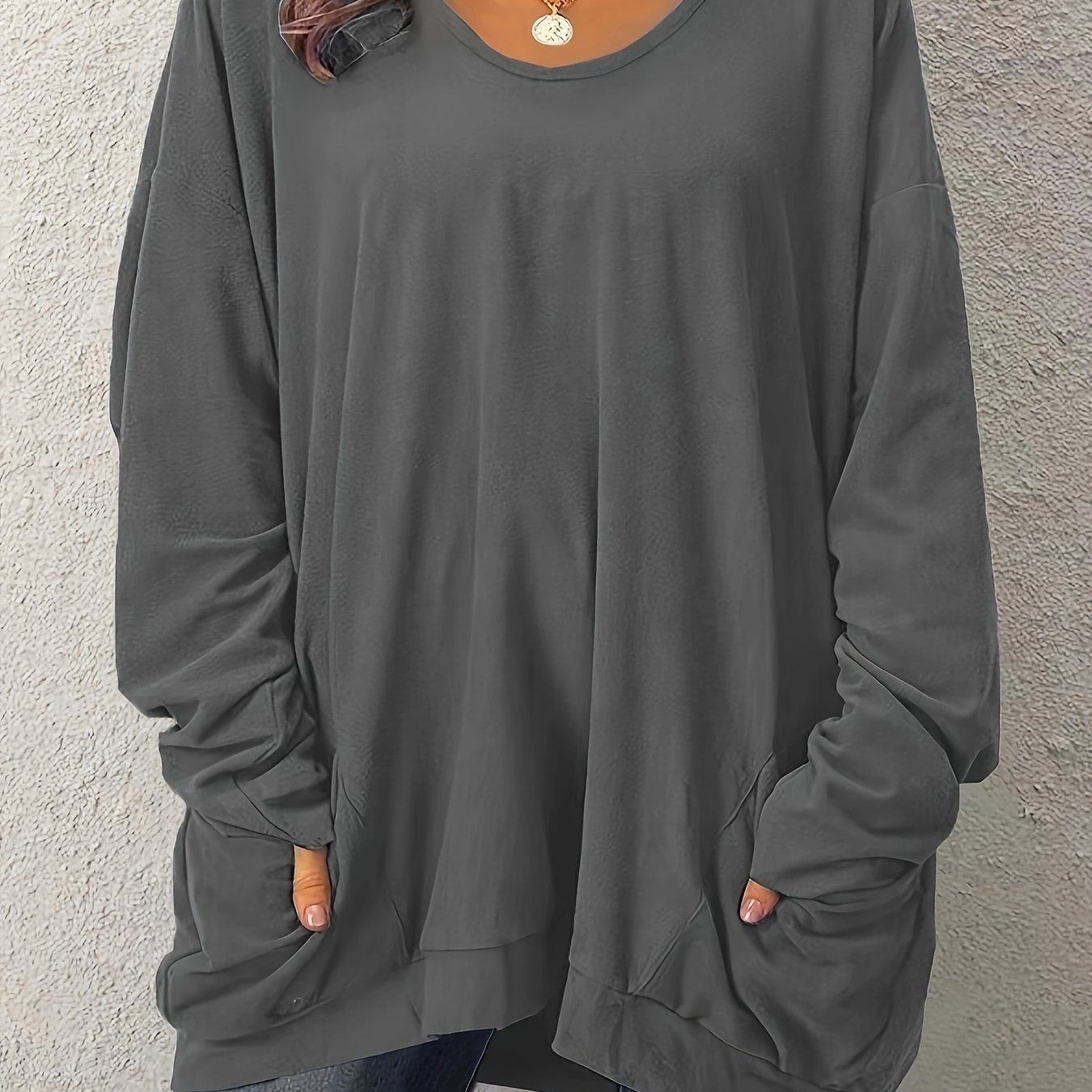 TEMU Plus Size Women's Crew Neck Long Sleeve Casual Top | Solid Color, Slight Stretch, Oversized Fit, Suitable For Fall/winter