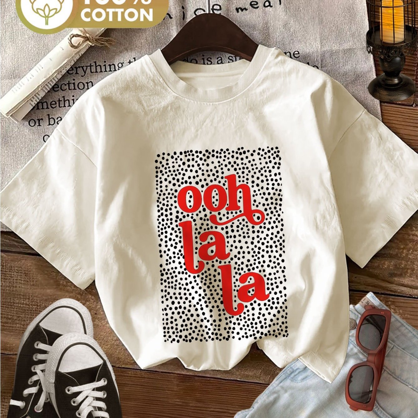 Image of Pure T-shirt With A French Style, Featuring Text And Polka Dots. Ooh La La Dots, Casual Wear For , Versatile Printed Round-neck Short-sleeve Top