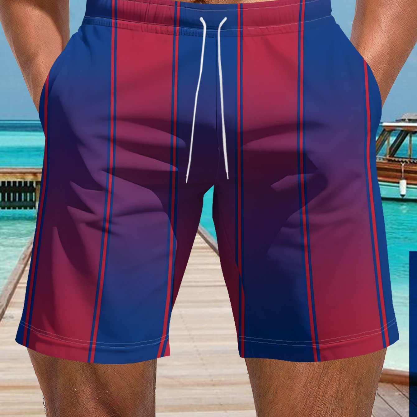 TEMU Men's Casual Vacation Shorts. Features Red And Blue Striped Design, With Curved Red Stripes. Seasonal Fashion, Versatile Clothing, Trendy, Soft