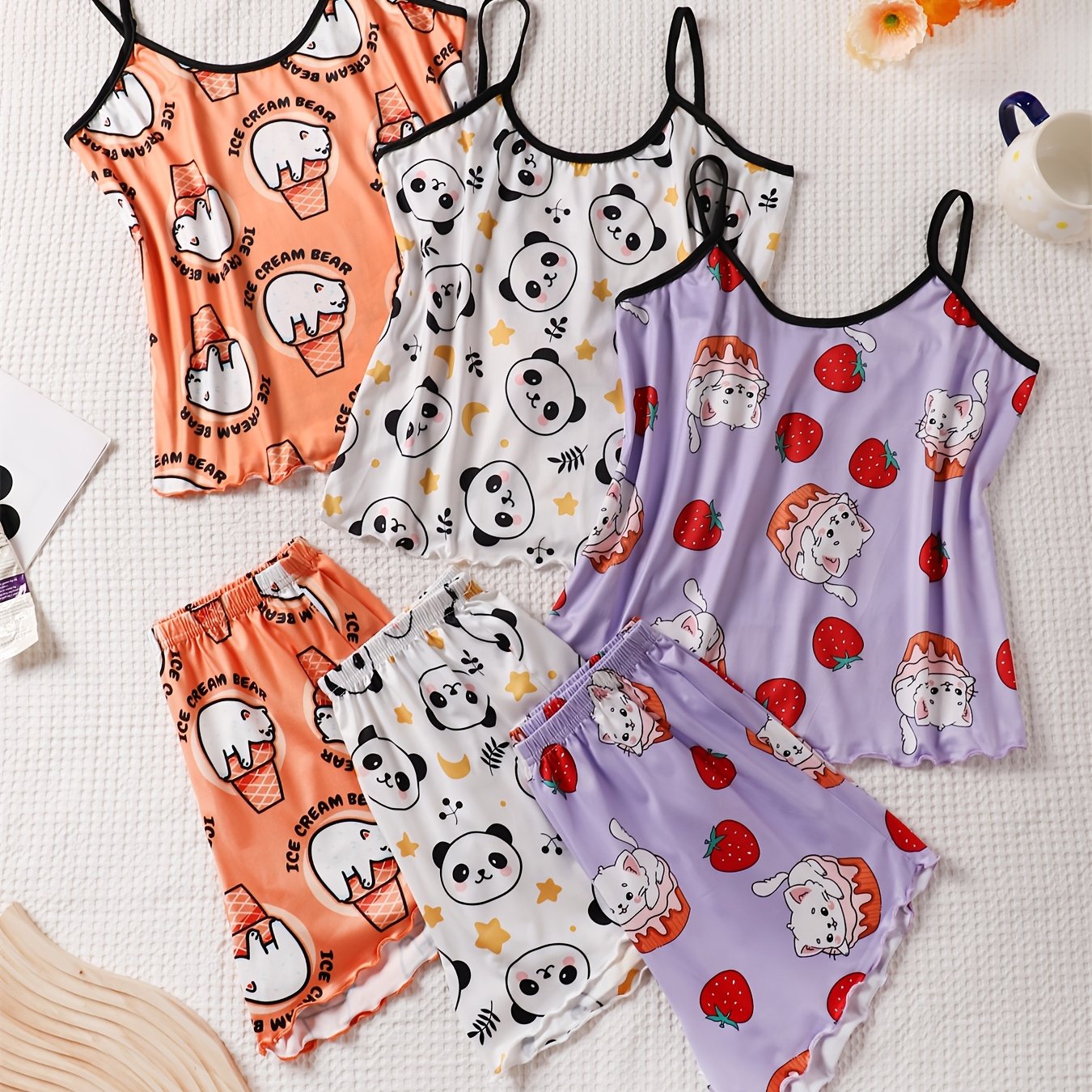 E-shop 6-teiliges Cartoon-Print Damen Cami und Shorts Set, sexy Nachtwäsche