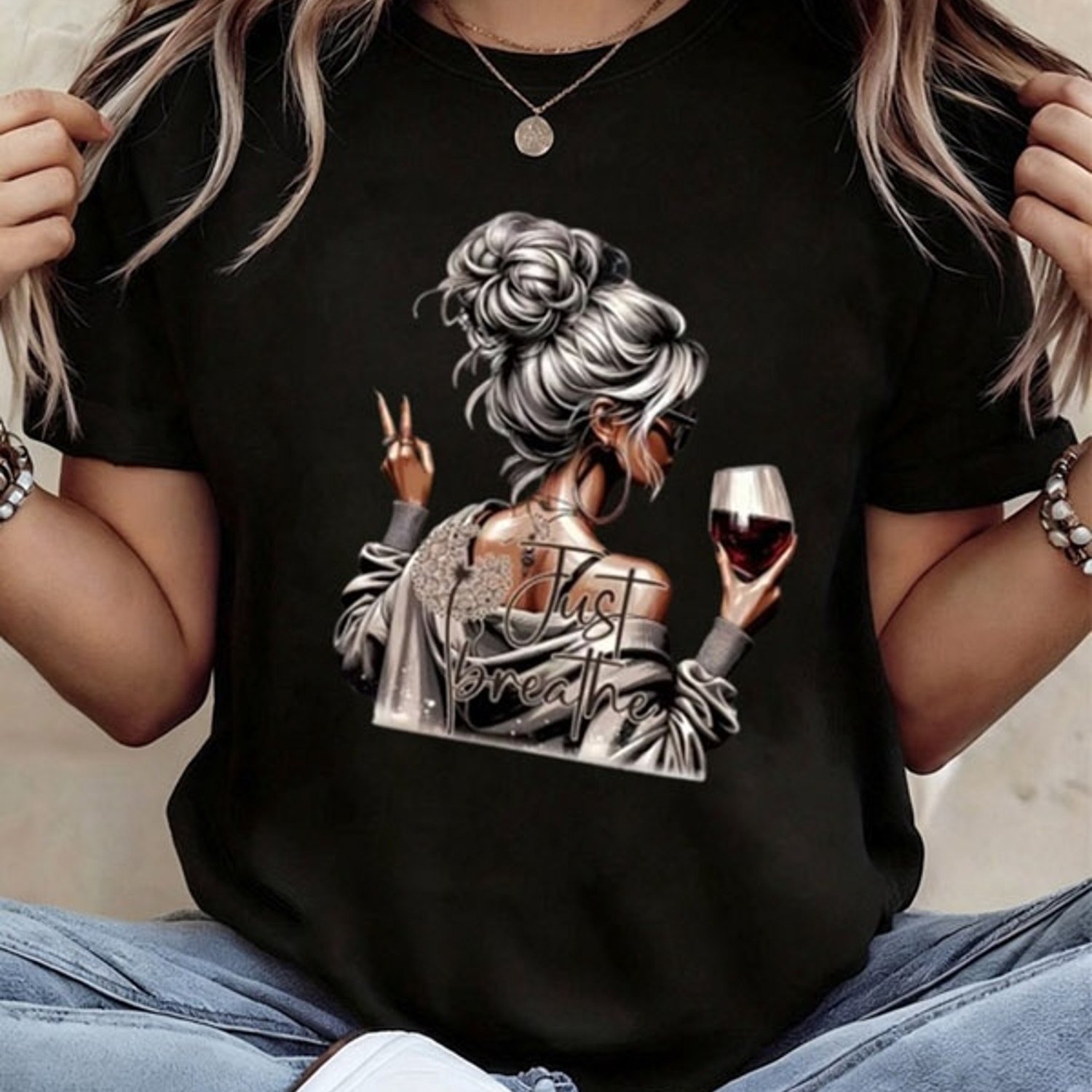 TEMU Women's Crew Neck Graphic T-shirt With Fun Slogan "just Breathe". Printed With A Woman In Stylish Bun Hairstyle And Sunglasses, Holding A Wine