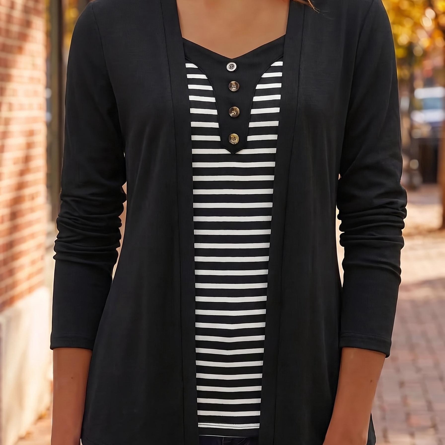 TEMU Women's Fashionable Casual Comfortable Simple Pullover Striped Contrast Color V-neck Decorative Button Long Sleeve Women's 2-in-1 Look Long Top