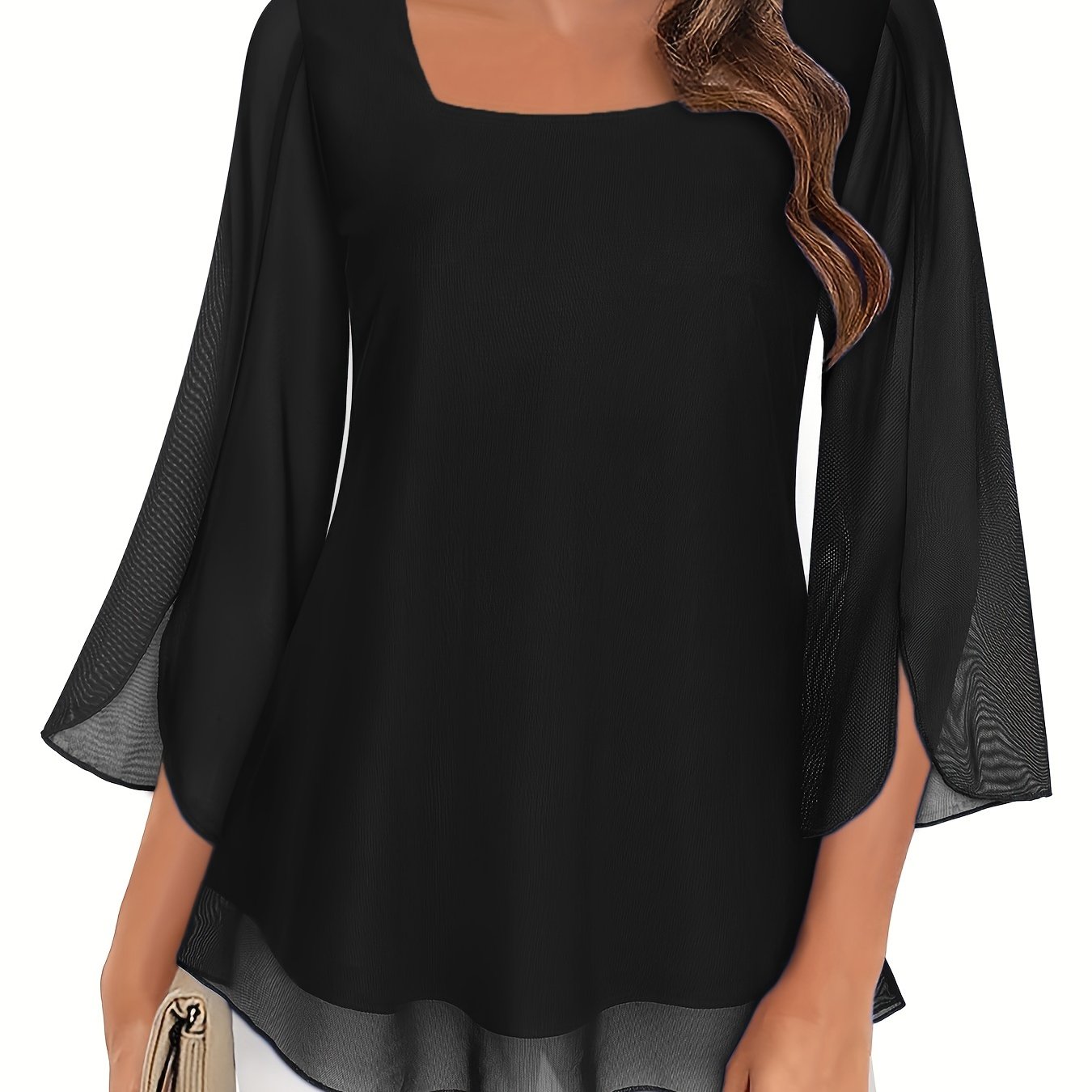 Image of Wife Women's Plus Size Square Neck Blouse - Elegant Asymmetrical Long Sleeve Top, Solid Color, Hand Wash Only, Versatile Casual & Formal Wear, Semiformal Attire, Asymmetrical Design, Texture Detail