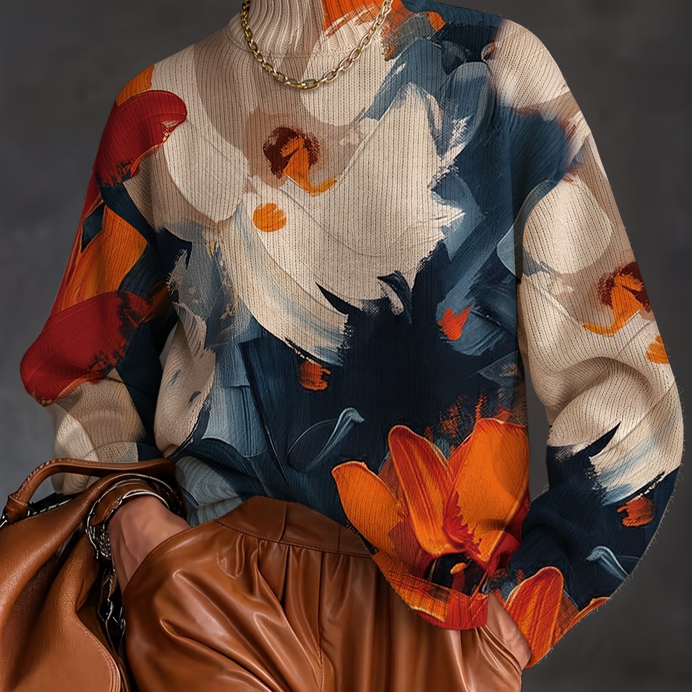TEMU [Impression Numérique 2D] Pull d'Automne Hiver Col Mi-Haute Manches Longues Style Bohème, Pull Tendance et Mode, Haut Femme avec Motif Imprimé
