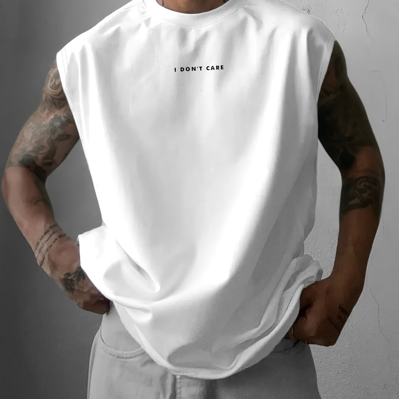 TEMU 't Care" Attitude Slogan Relaxed Style Sleeveless T-shirt Men's Loose Sports Vest