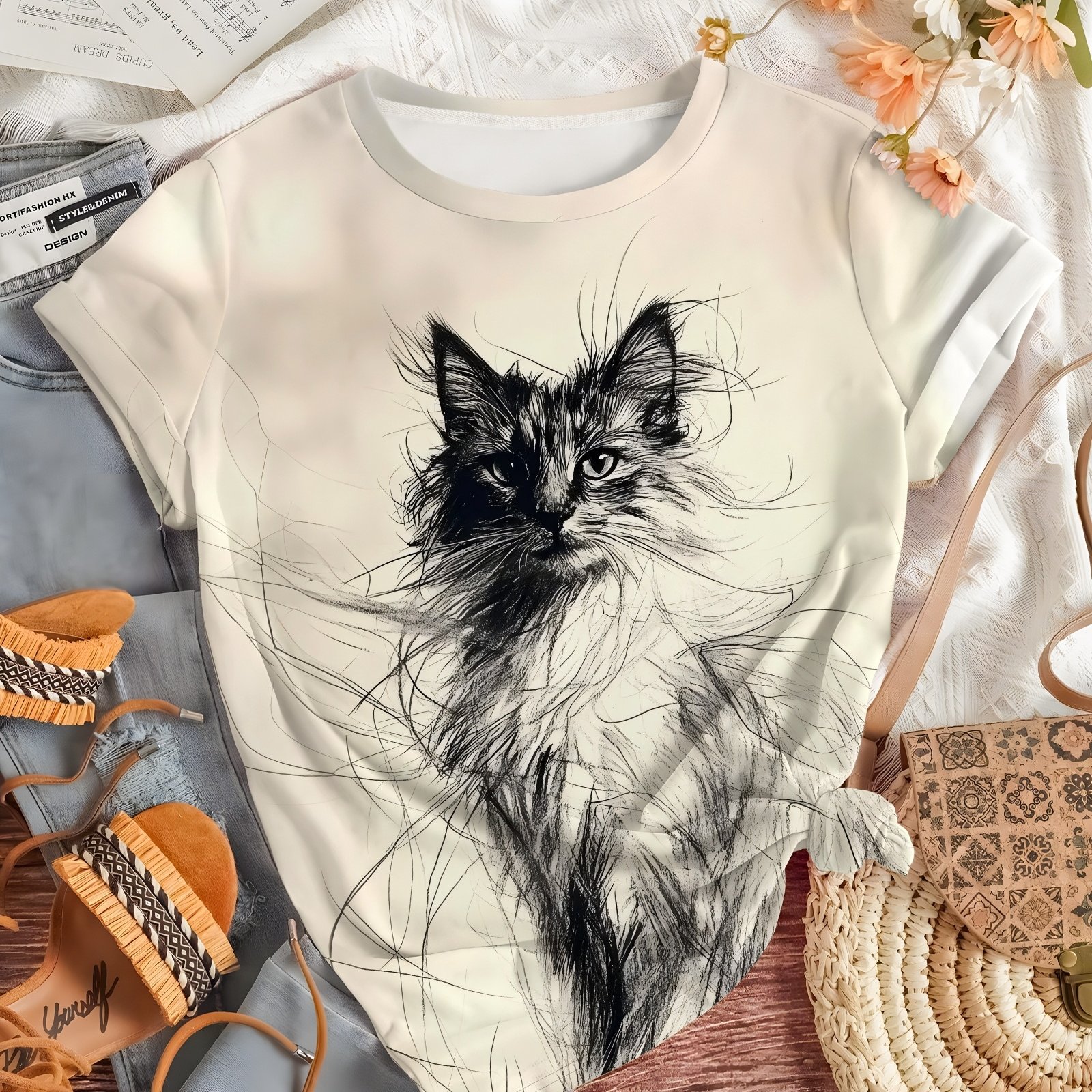TEMU 【商品名】白黒ストライプの可愛い猫柄レディースカジュアル半袖トップス。新年ギフトに最適。オール対応。洗濯機洗い可。お祝いのパーティーに。丈夫な生地。カジュアルな半袖トップス。