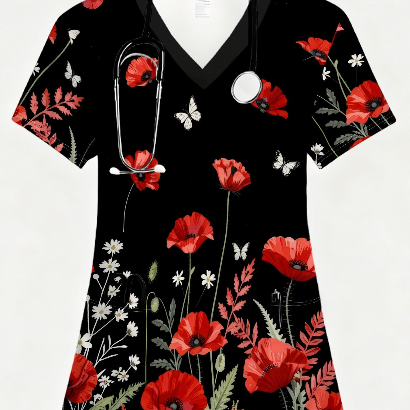 TEMU A Ladies Nurse Uniform With Full-body Print, White Background, 2 Pockets, V-neck, Red Poppies And White Butterflies On Black, Suitable For