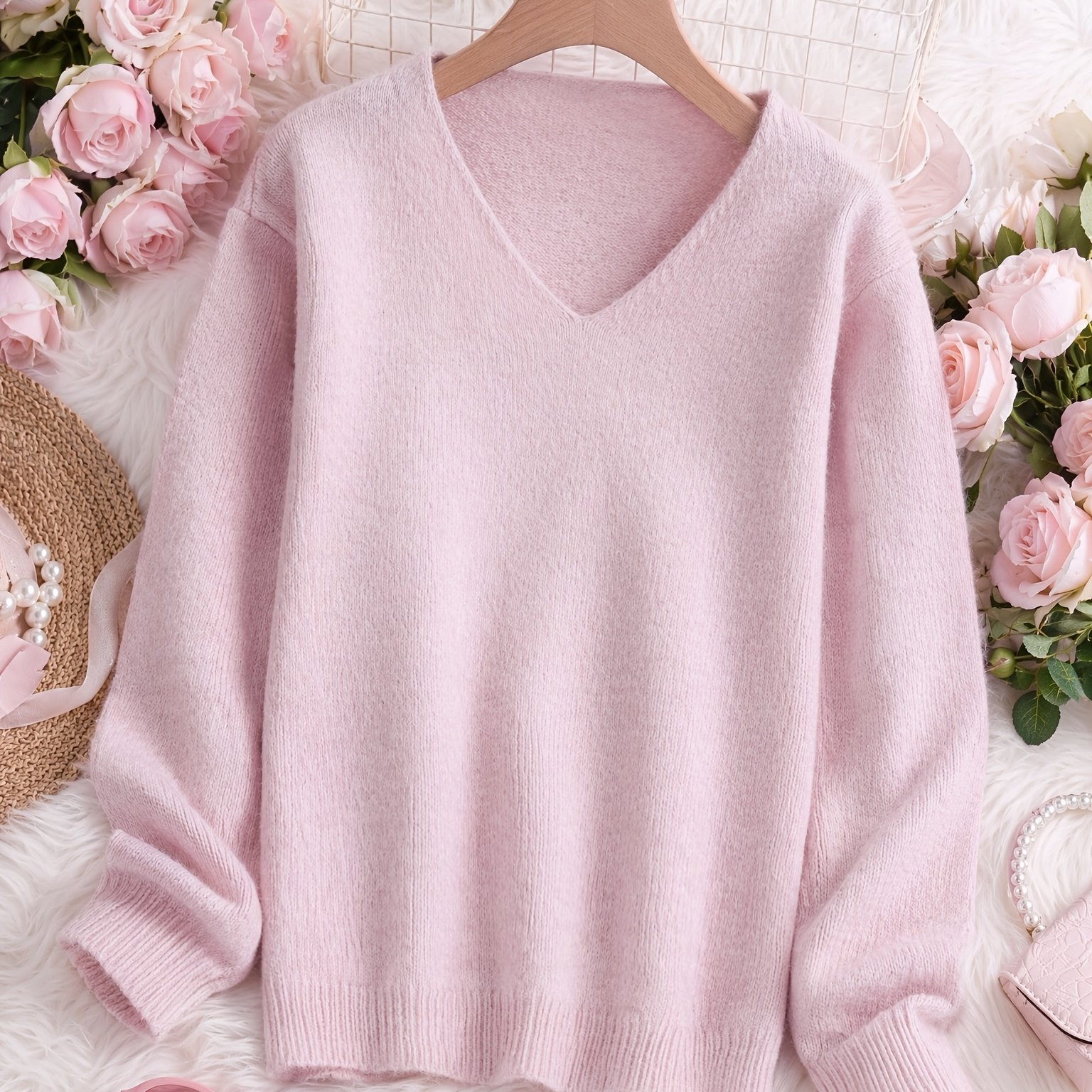 TEMU Pull pour femme à col en V pour /hiver - Pull à épaules tombantes et coupe avec silhouette épurée, pull chaud moyennement extensible, manches