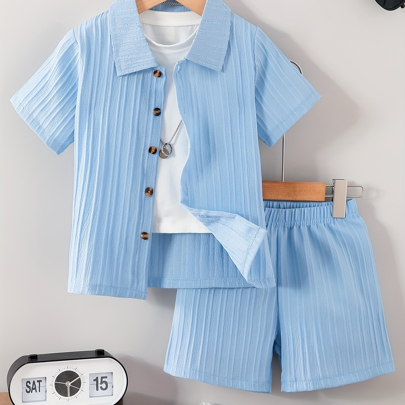 Image of Boys' Summer Fashion New Solid Color Elegant Collared Shirt With Wave Pattern Fabric Short Sleeves And Fresh Casual Shorts Set, Perfect For Outdoor