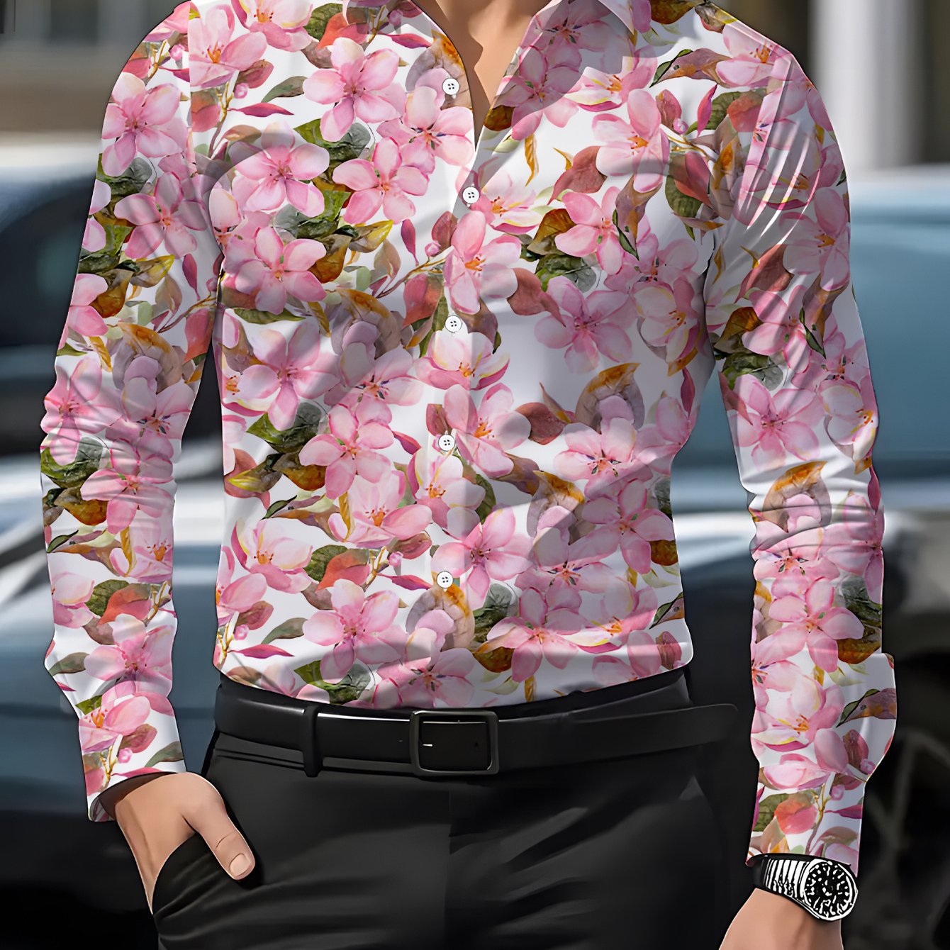 TEMU Men's Long Sleeve Shirt With Floral Print, Pink Floral Print Shirt For Men, Men's Shirt With Fresh Pink Floral Pattern, 3d Casual Shirt For Men,