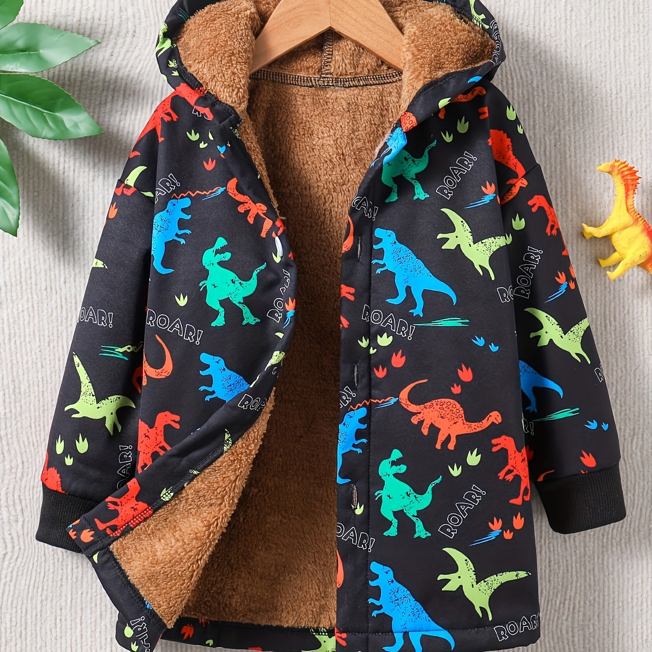 Boys' Daily Casual Outing Long Sleeve Single-breasted Button Hooded Dinosaur Print Regular -lined Warm Jacket For Autumn/winter