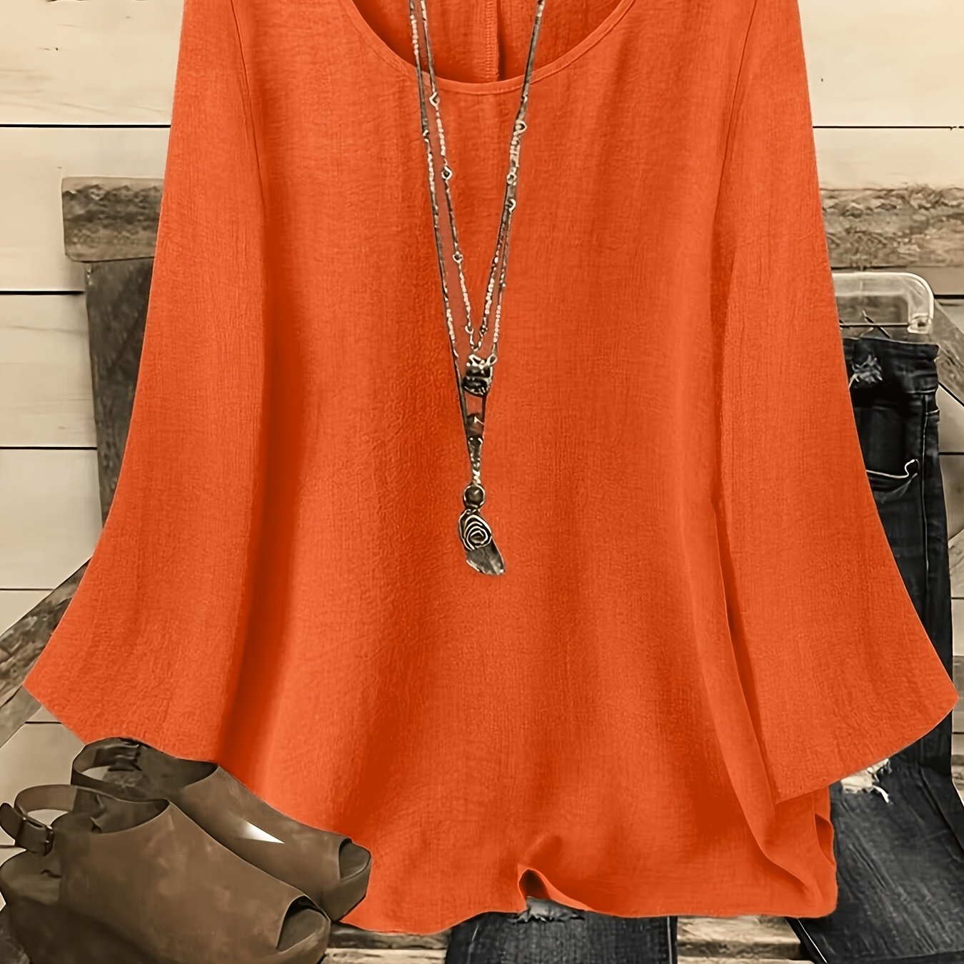 TEMU Plus Size, Solid Color Round Neck Design, Lazy And Comfortable Loose Fit, Stylish Vintage Everyday Commute Plus Size Top